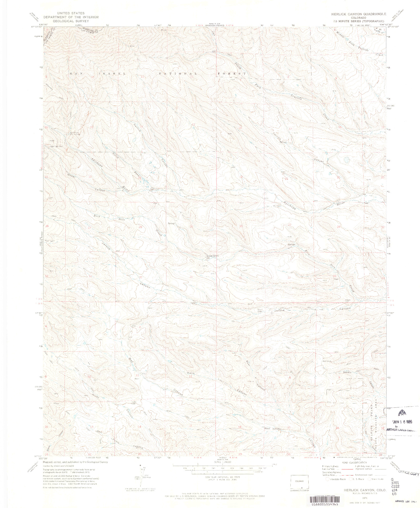 USGS 1:24000-SCALE QUADRANGLE FOR HERLICK CANYON, CO 1971
