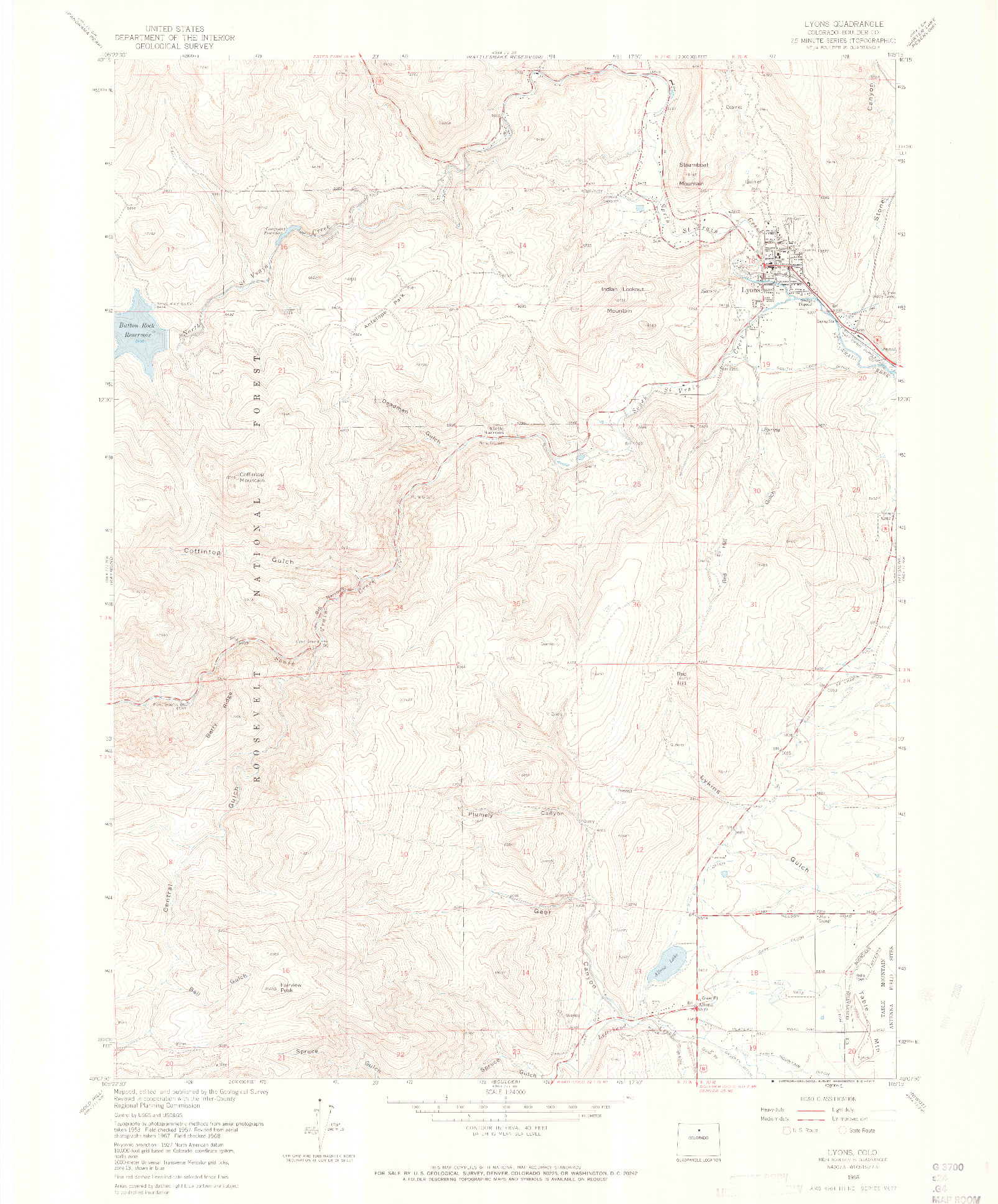 USGS 1:24000-SCALE QUADRANGLE FOR LYONS, CO 1968
