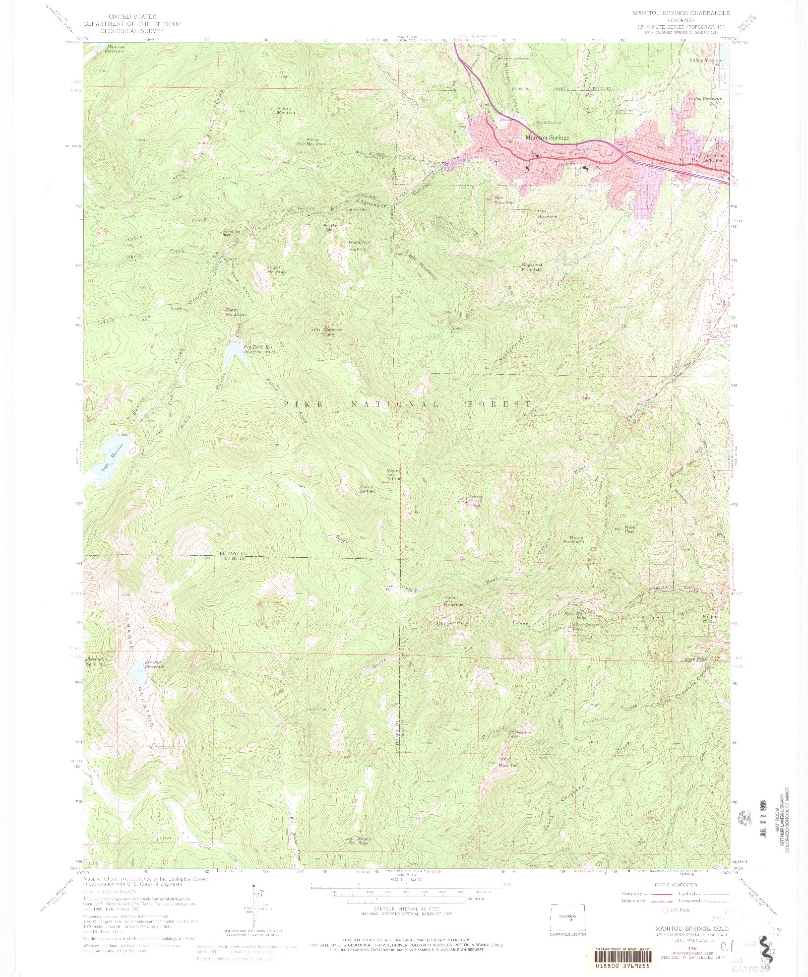 USGS 1:24000-SCALE QUADRANGLE FOR MANITOU SPRINGS, CO 1961