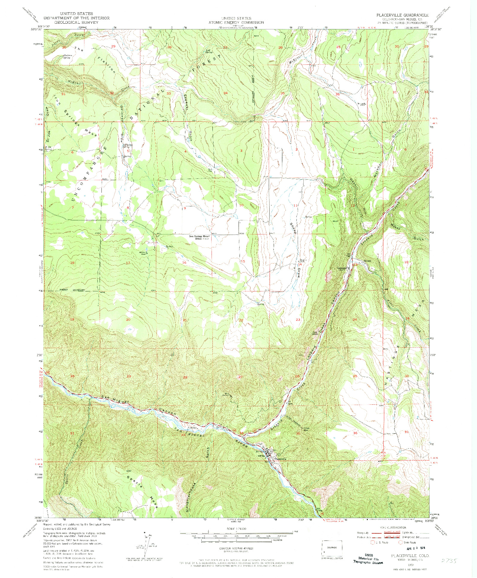 USGS 1:24000-SCALE QUADRANGLE FOR PLACERVILLE, CO 1953