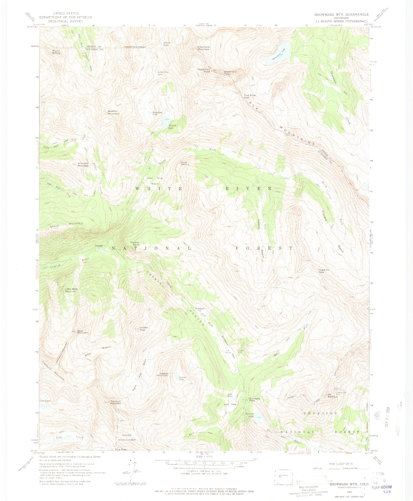 USGS 1:24000-SCALE QUADRANGLE FOR SNOWMASS MOUNTAIN, CO 1960