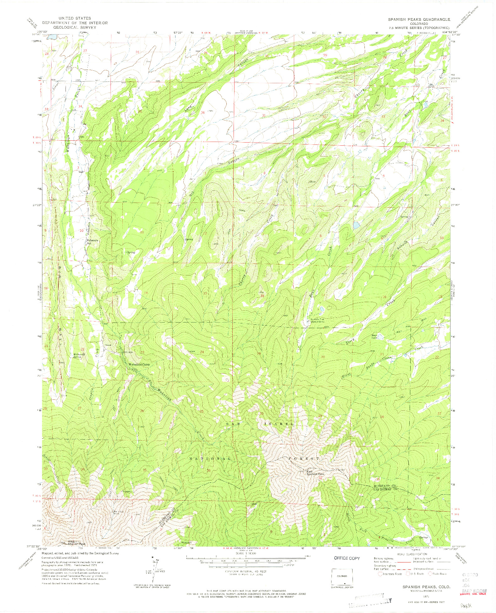 USGS 1:24000-SCALE QUADRANGLE FOR SPANISH PEAKS, CO 1971