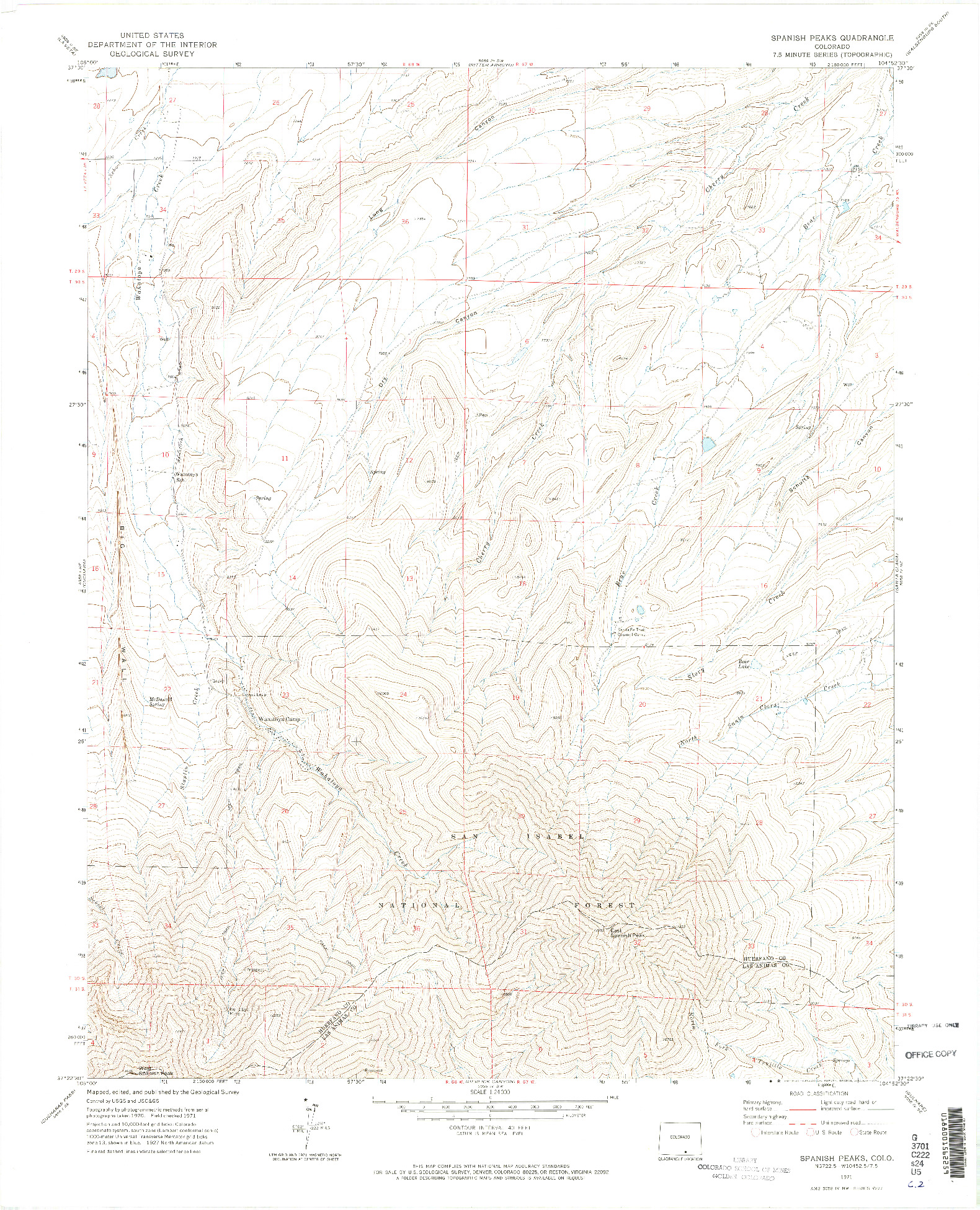 USGS 1:24000-SCALE QUADRANGLE FOR SPANISH PEAKS, CO 1971