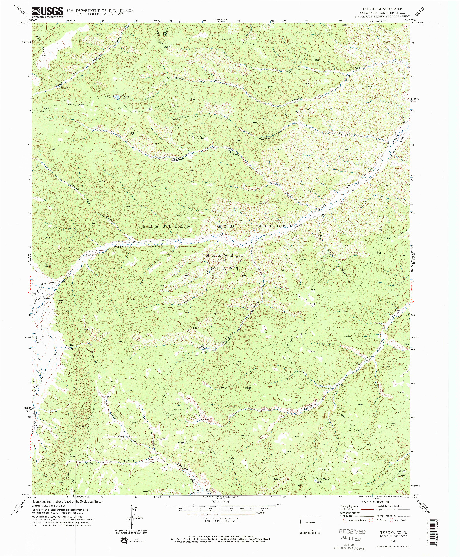 USGS 1:24000-SCALE QUADRANGLE FOR TERCIO, CO 1971