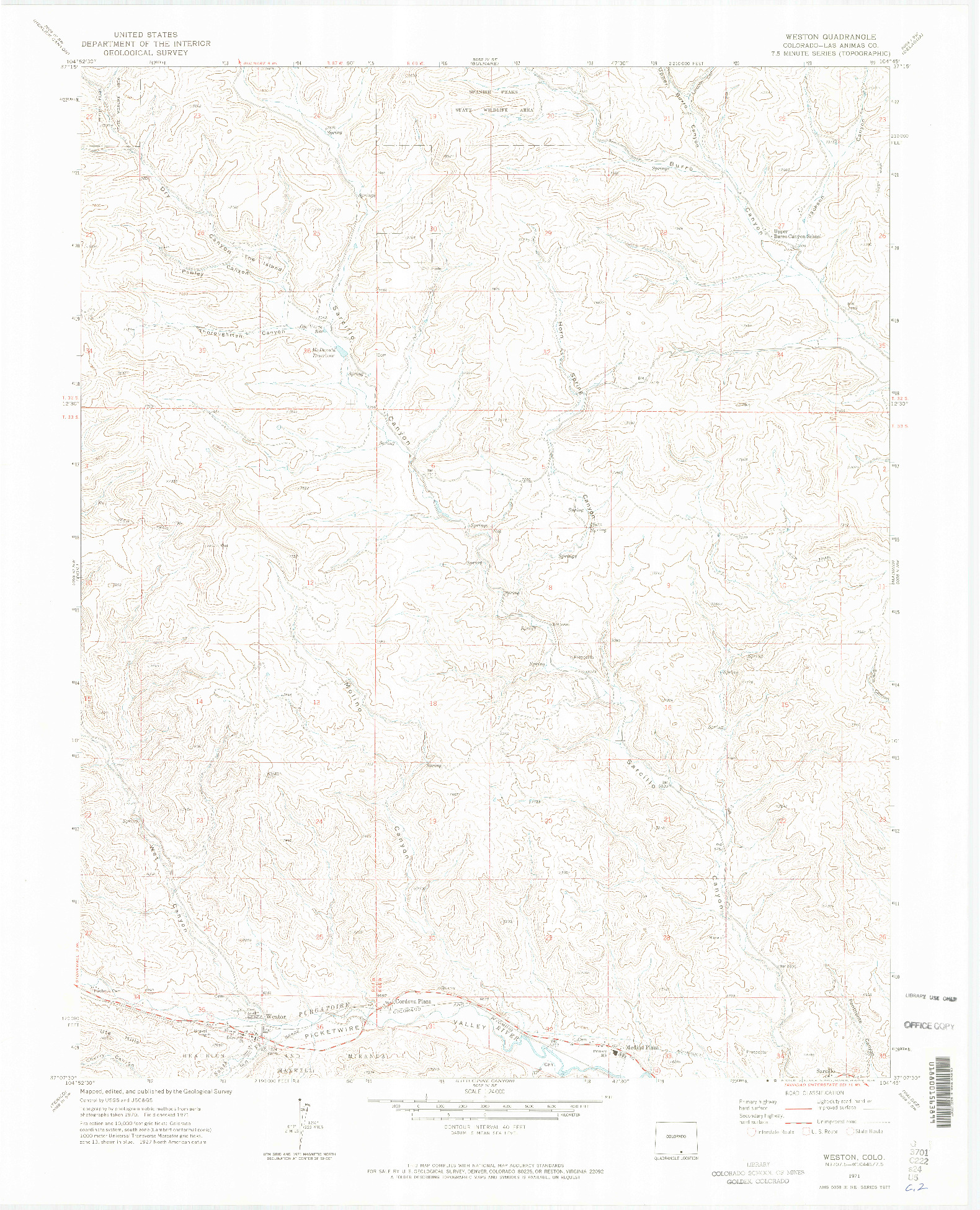 USGS 1:24000-SCALE QUADRANGLE FOR WESTON, CO 1971