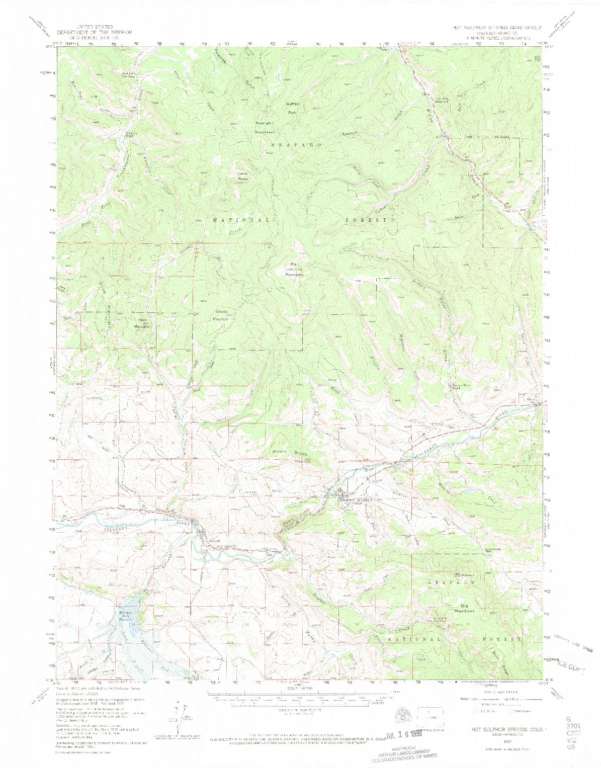 USGS 1:62500-SCALE QUADRANGLE FOR HOT SULPHUR SPRINGS, CO 1957