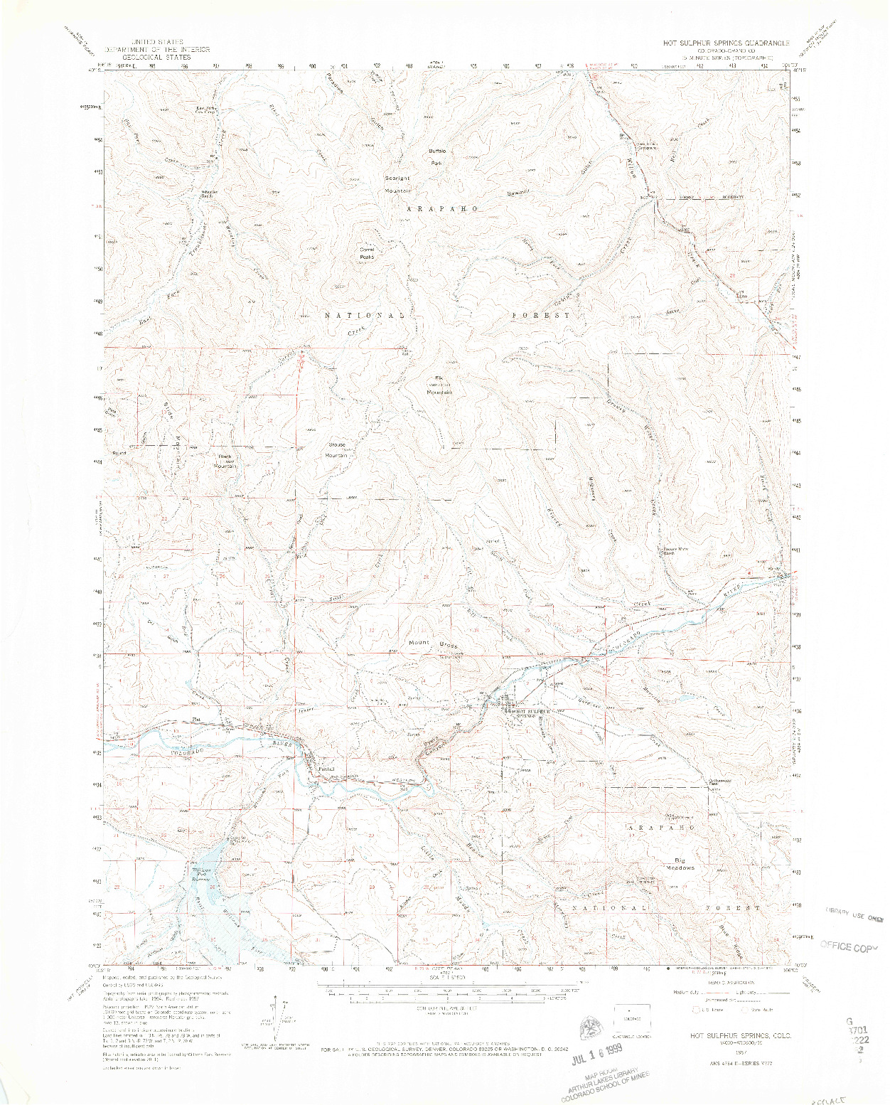 USGS 1:62500-SCALE QUADRANGLE FOR HOT SULPHUR SPRINGS, CO 1957