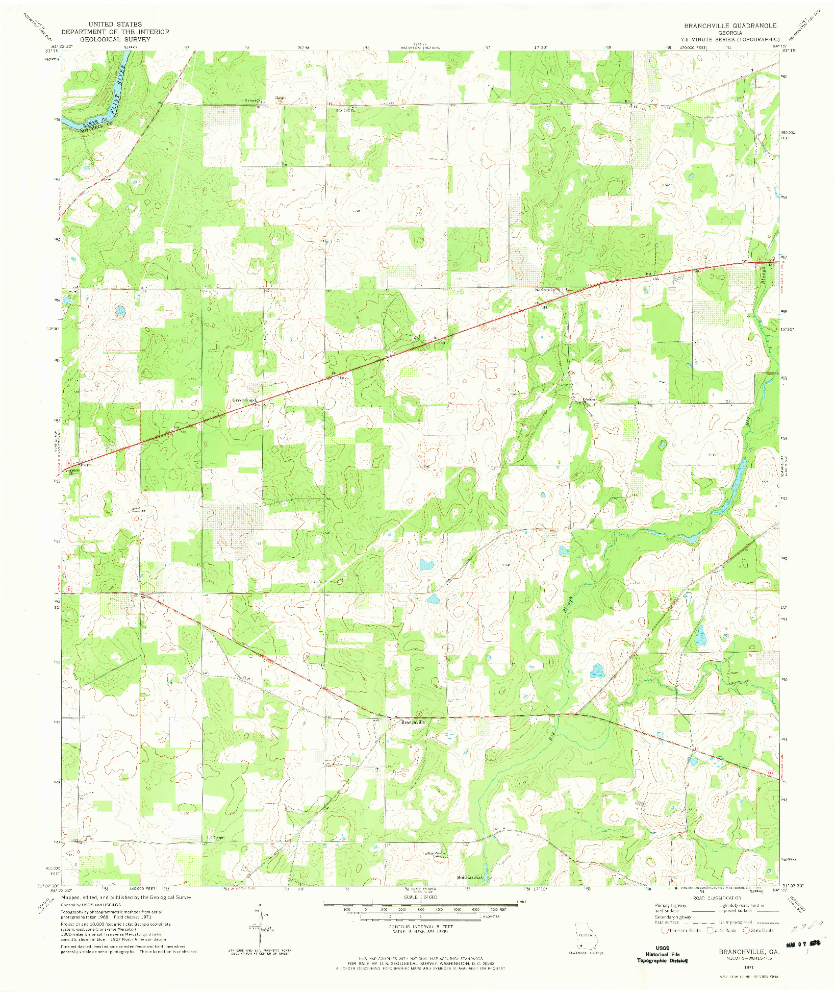 USGS 1:24000-SCALE QUADRANGLE FOR BRANCHVILLE, GA 1971