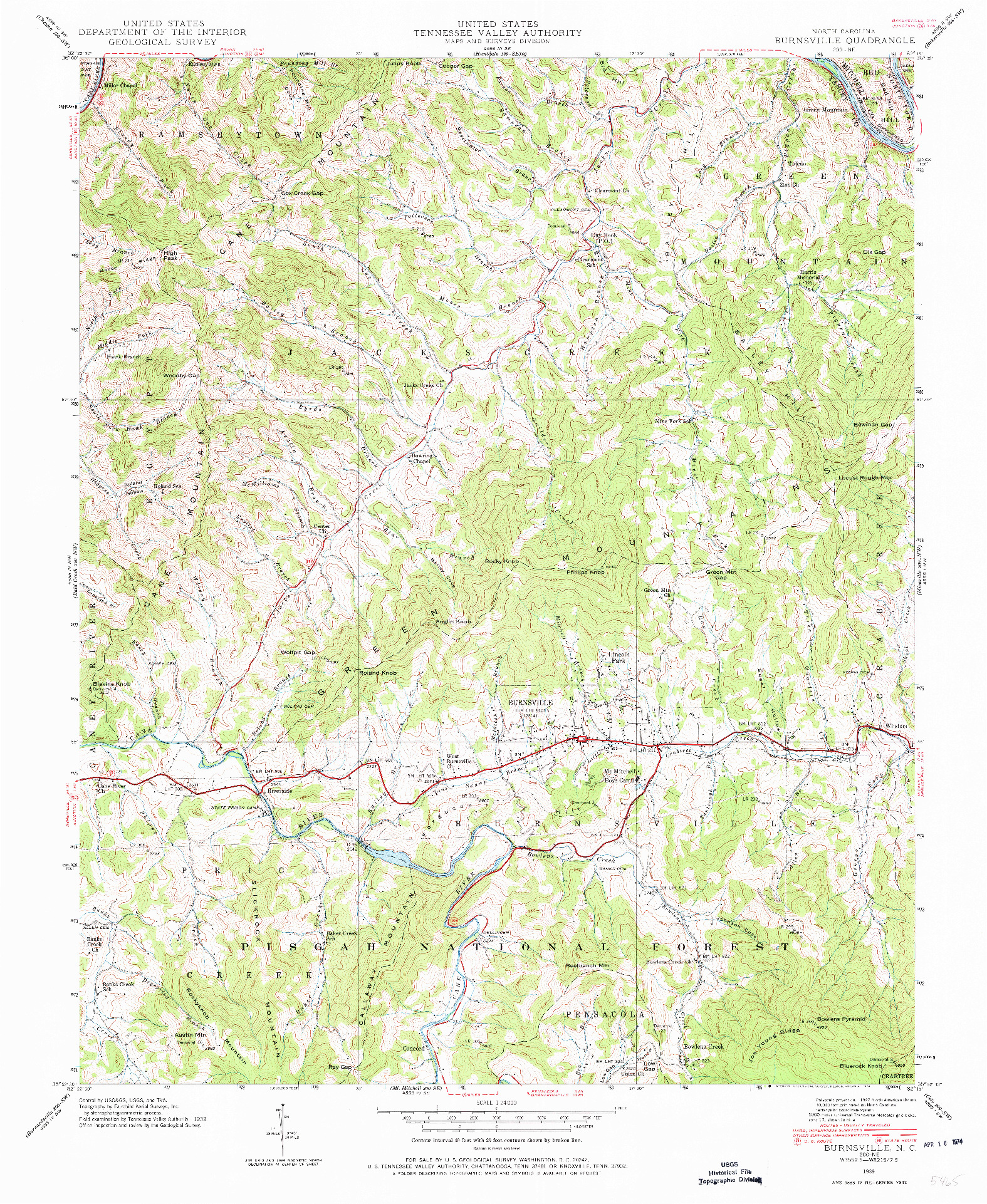 USGS 1:24000-SCALE QUADRANGLE FOR BURNSVILLE, NC 1939