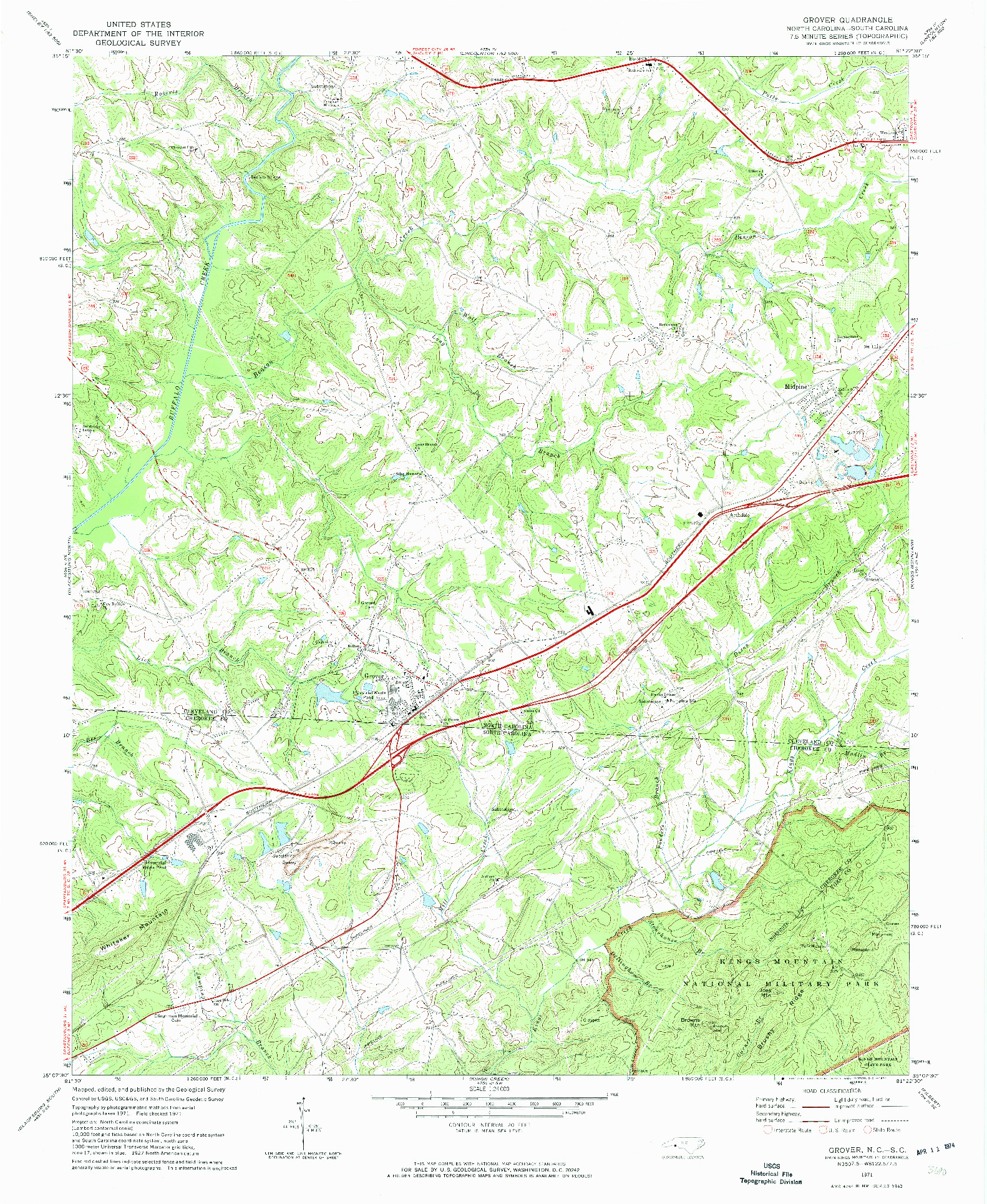 USGS 1:24000-SCALE QUADRANGLE FOR GROVER, NC 1971