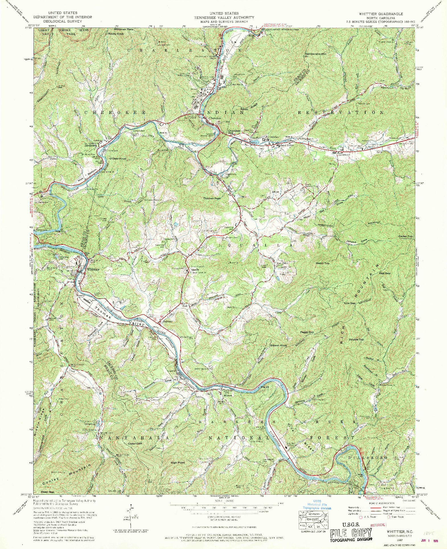 USGS 1:24000-SCALE QUADRANGLE FOR WHITTIER, NC 1967