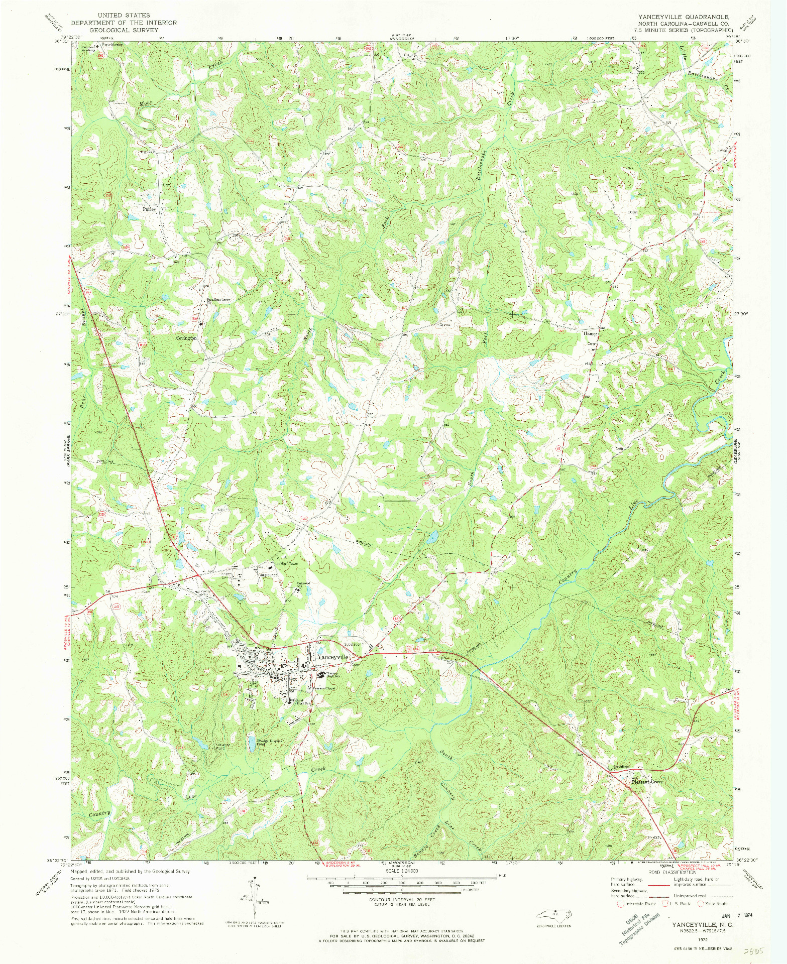 USGS 1:24000-SCALE QUADRANGLE FOR YANCEYVILLE, NC 1972