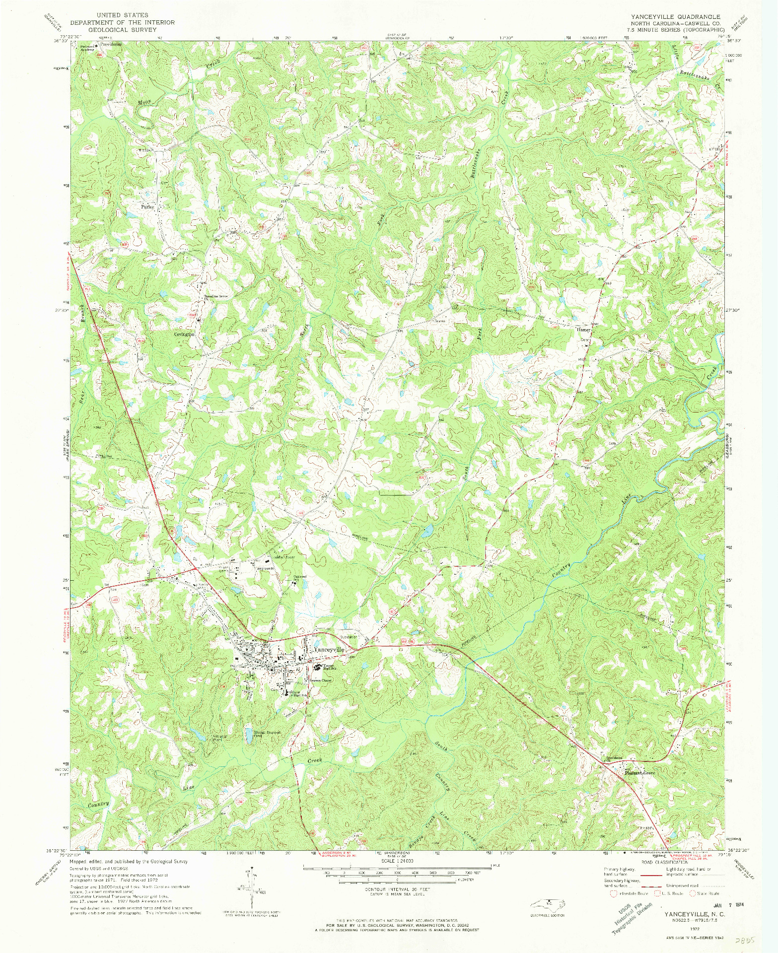 USGS 1:24000-SCALE QUADRANGLE FOR YANCEYVILLE, NC 1972