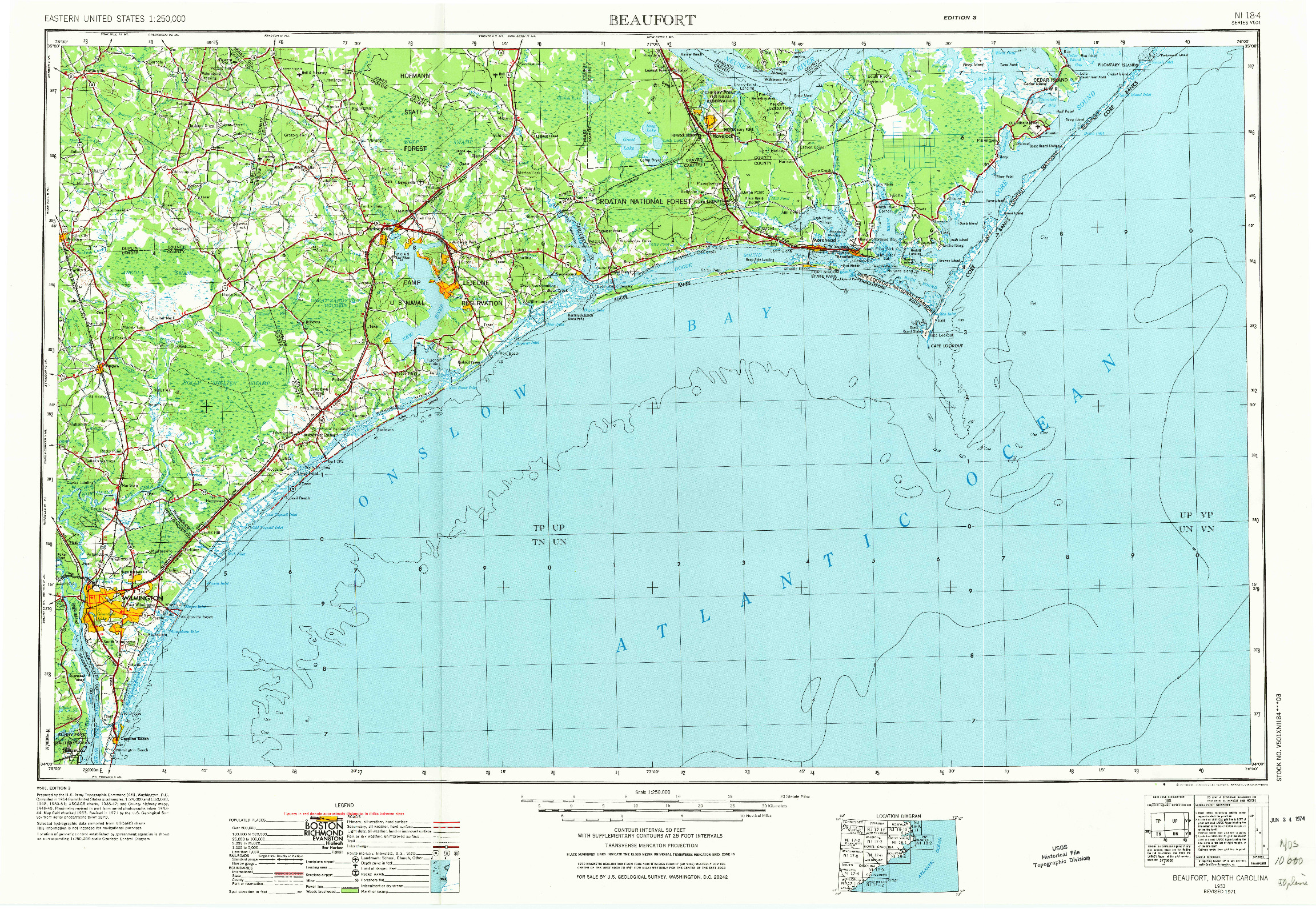 USGS 1:250000-SCALE QUADRANGLE FOR BEAUFORT, NC 1953