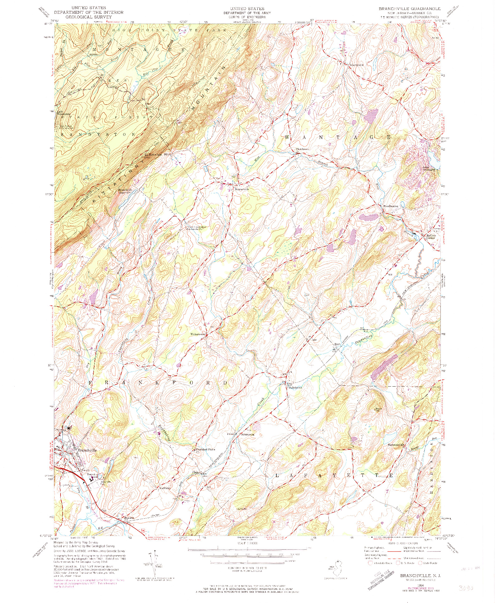 USGS 1:24000-SCALE QUADRANGLE FOR BRANCHVILLE, NJ 1954