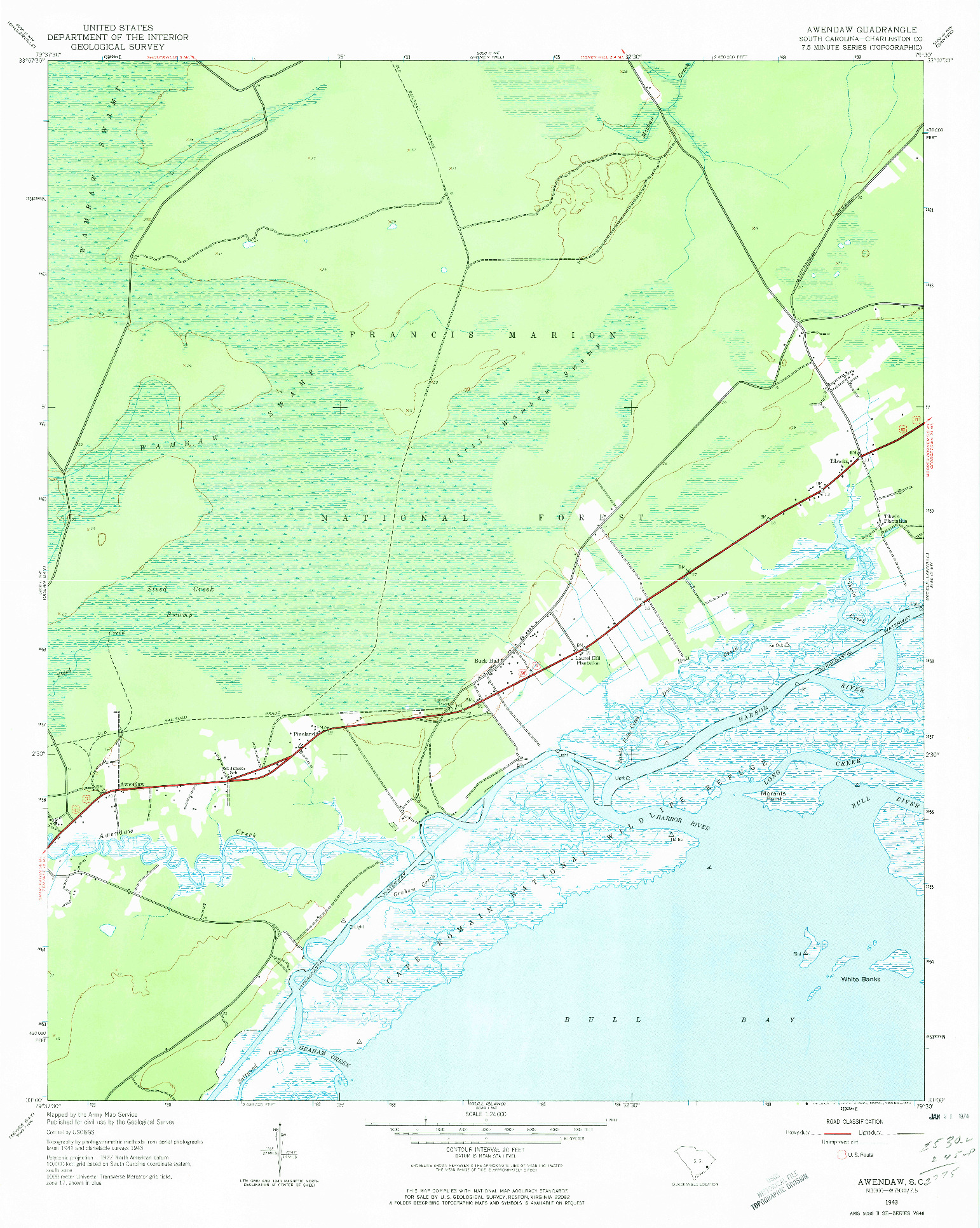 USGS 1:24000-SCALE QUADRANGLE FOR AWENDAW, SC 1943