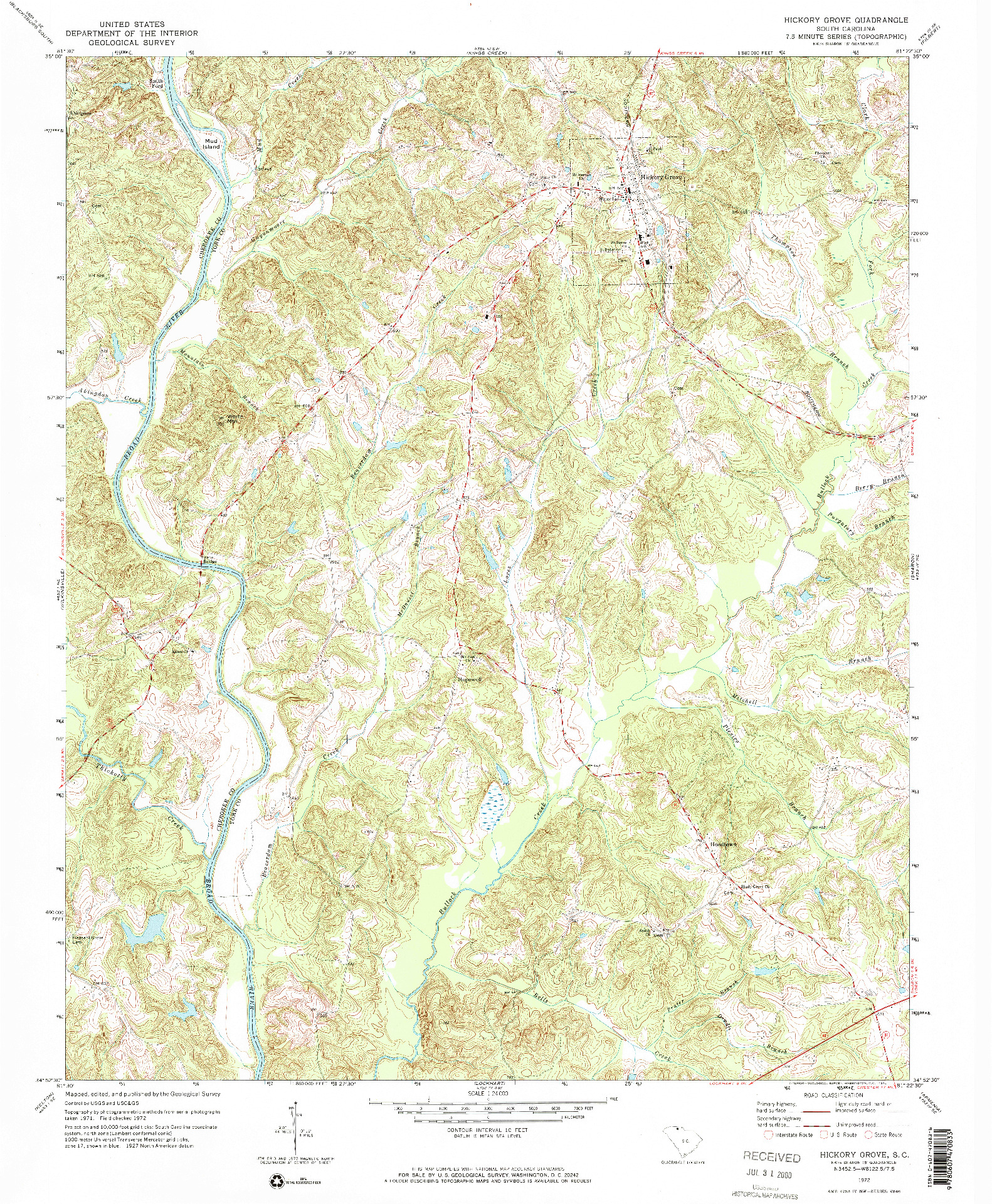 USGS 1:24000-SCALE QUADRANGLE FOR HICKORY GROVE, SC 1972