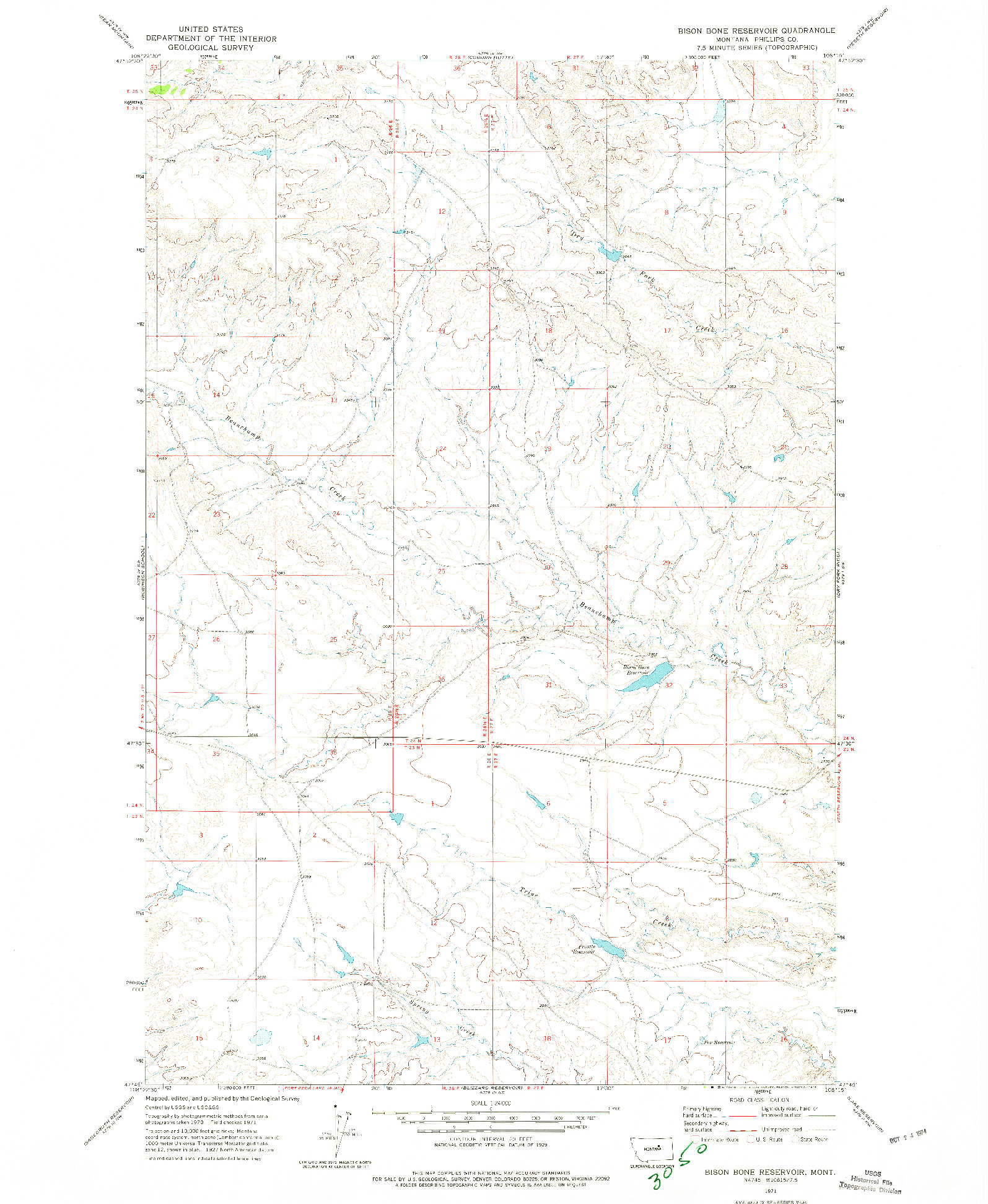 USGS 1:24000-SCALE QUADRANGLE FOR BISON BONE RESERVOIR, MT 1971
