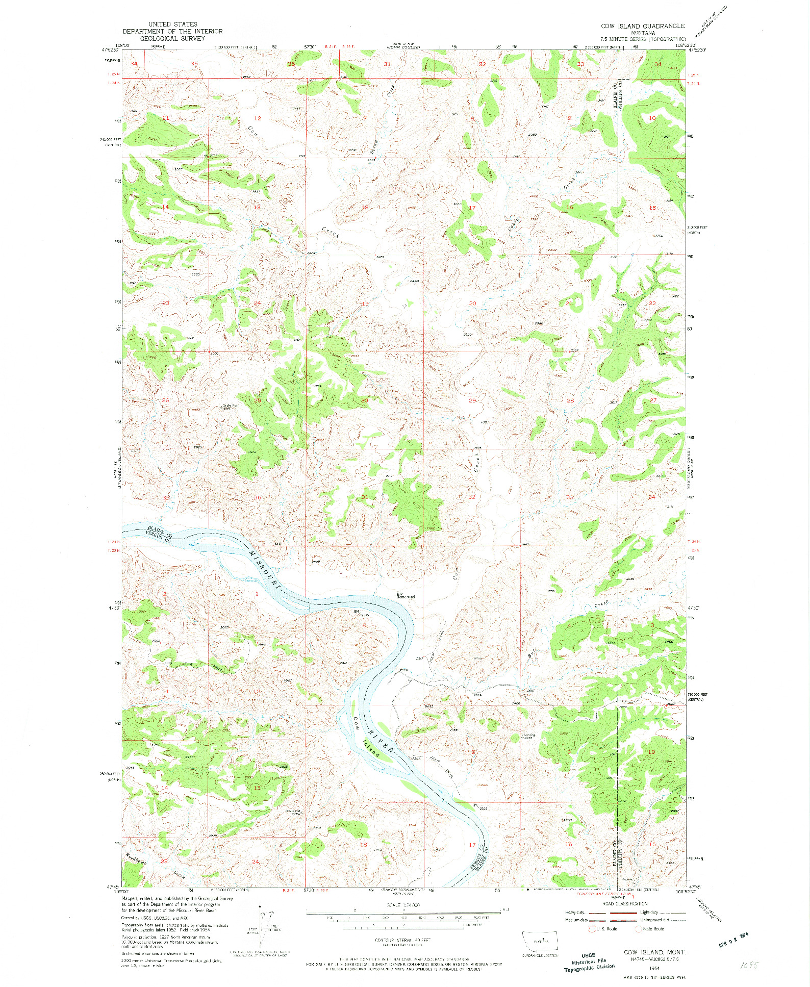 USGS 1:24000-SCALE QUADRANGLE FOR COW ISLAND, MT 1954