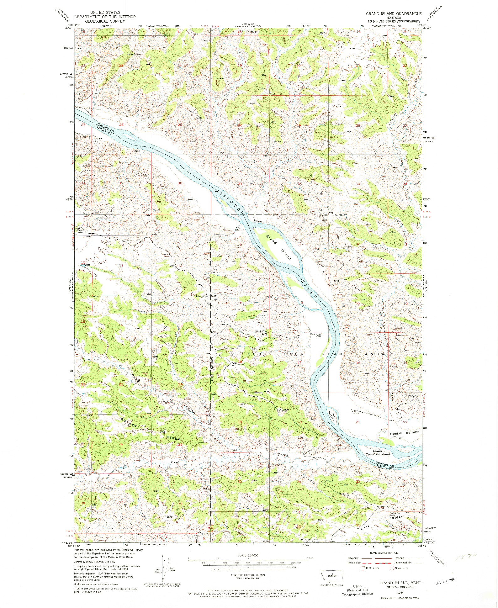 USGS 1:24000-SCALE QUADRANGLE FOR GRAND ISLAND, MT 1954