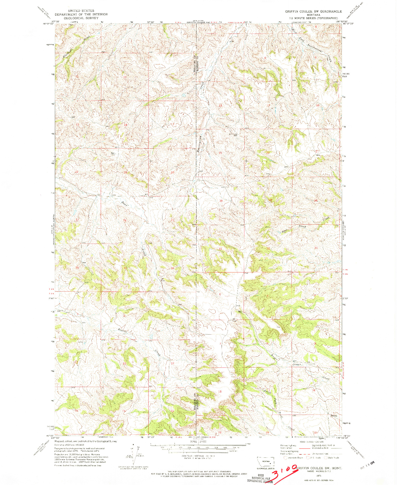 USGS 1:24000-SCALE QUADRANGLE FOR GRIFFIN COULEE SW, MT 1971
