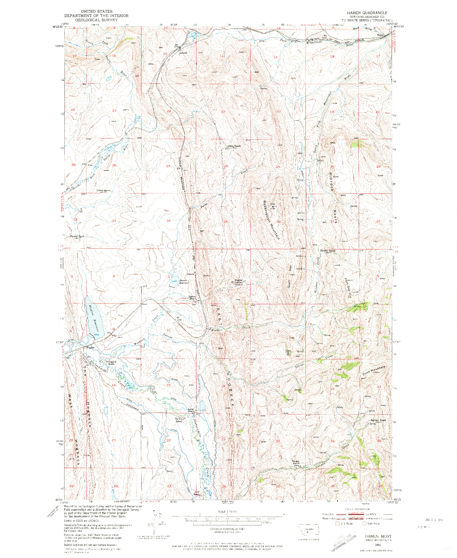 USGS 1:24000-SCALE QUADRANGLE FOR HAMEN, MT 1951