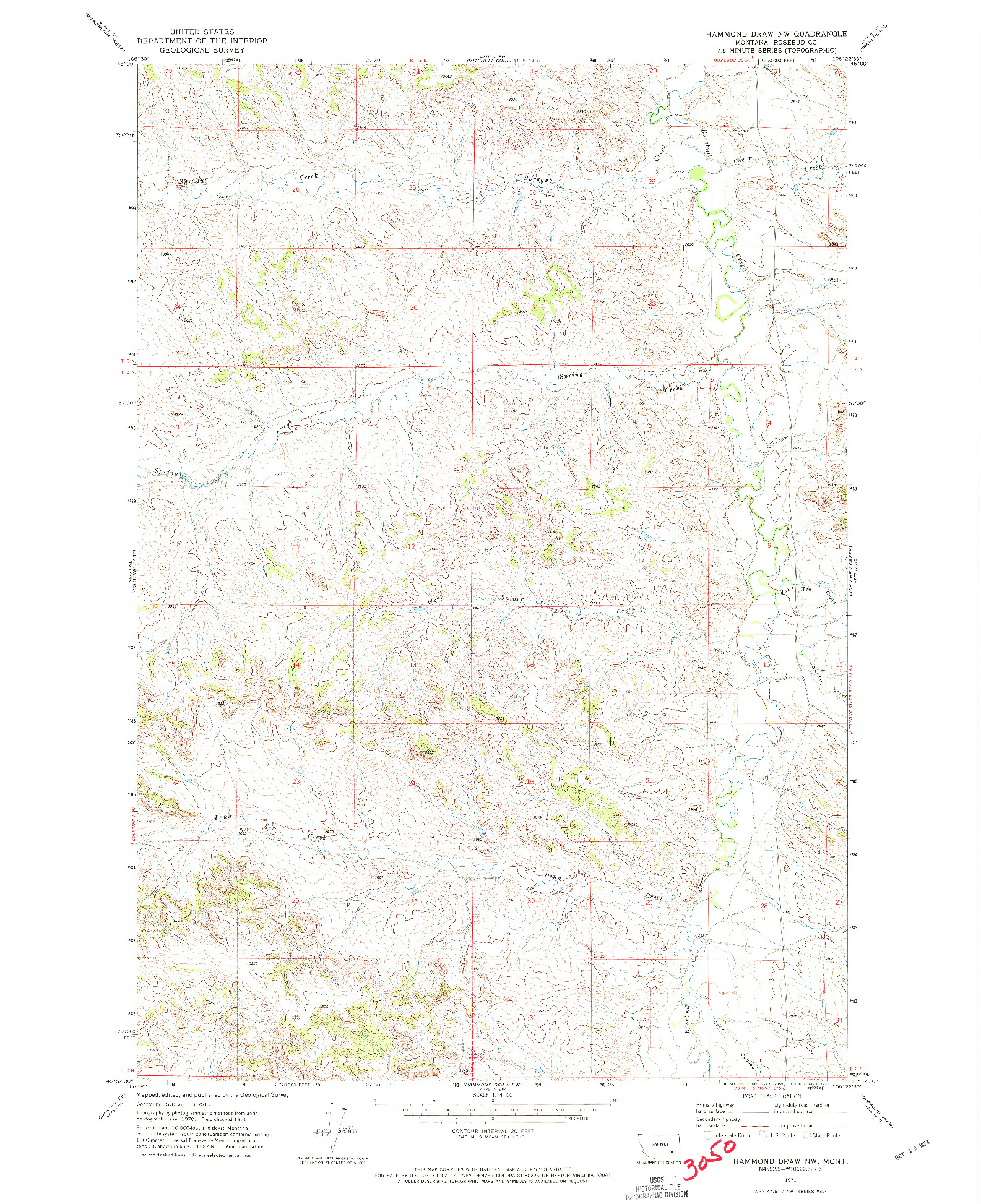 USGS 1:24000-SCALE QUADRANGLE FOR HAMMOND DRAW NW, MT 1971
