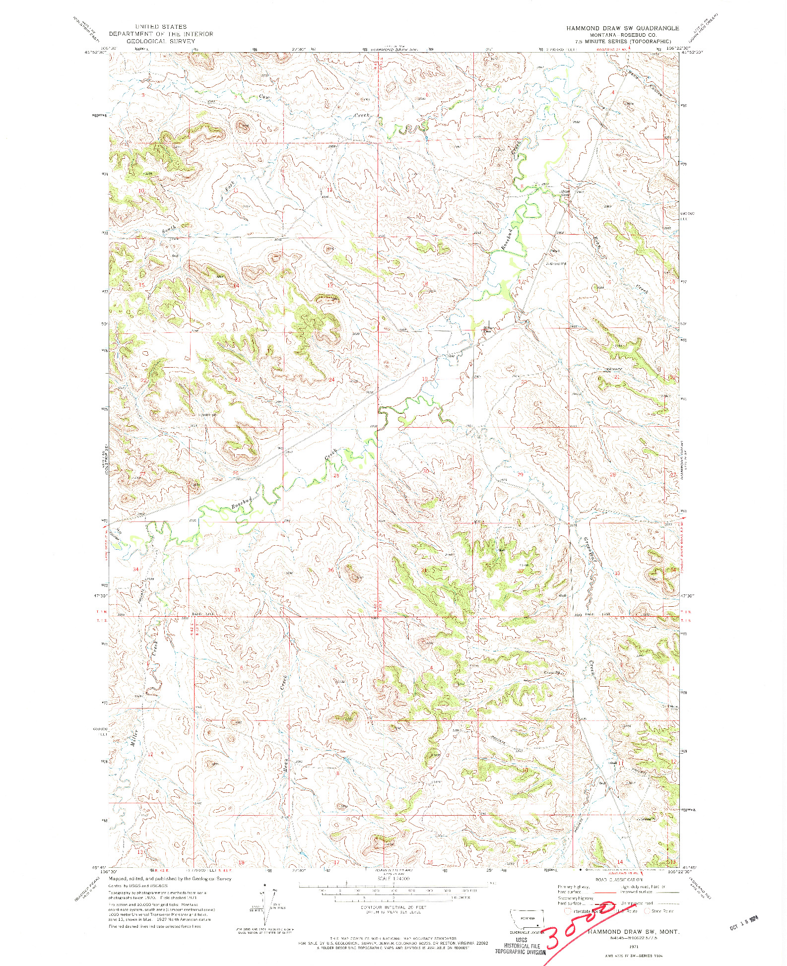 USGS 1:24000-SCALE QUADRANGLE FOR HAMMOND DRAW SW, MT 1971