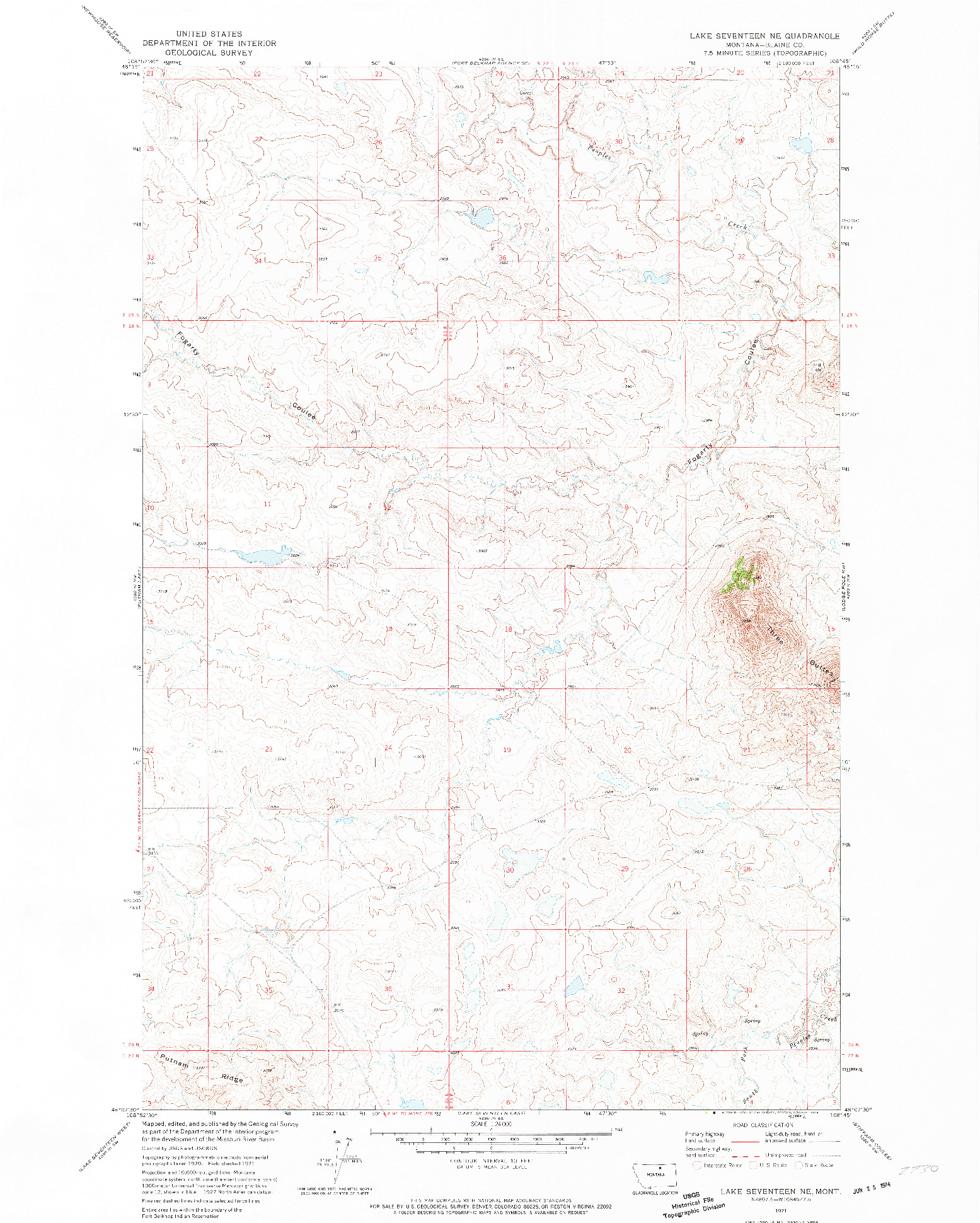 USGS 1:24000-SCALE QUADRANGLE FOR LAKE SEVENTEEN NE, MT 1971