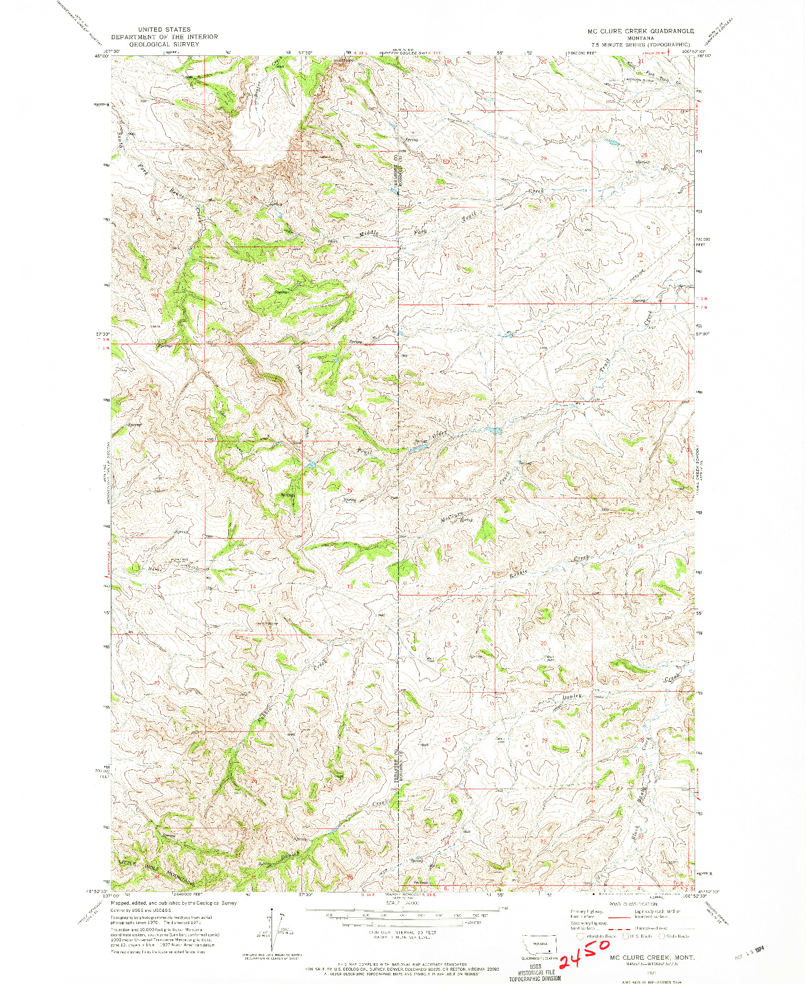 USGS 1:24000-SCALE QUADRANGLE FOR MC CLURE CREEK, MT 1971