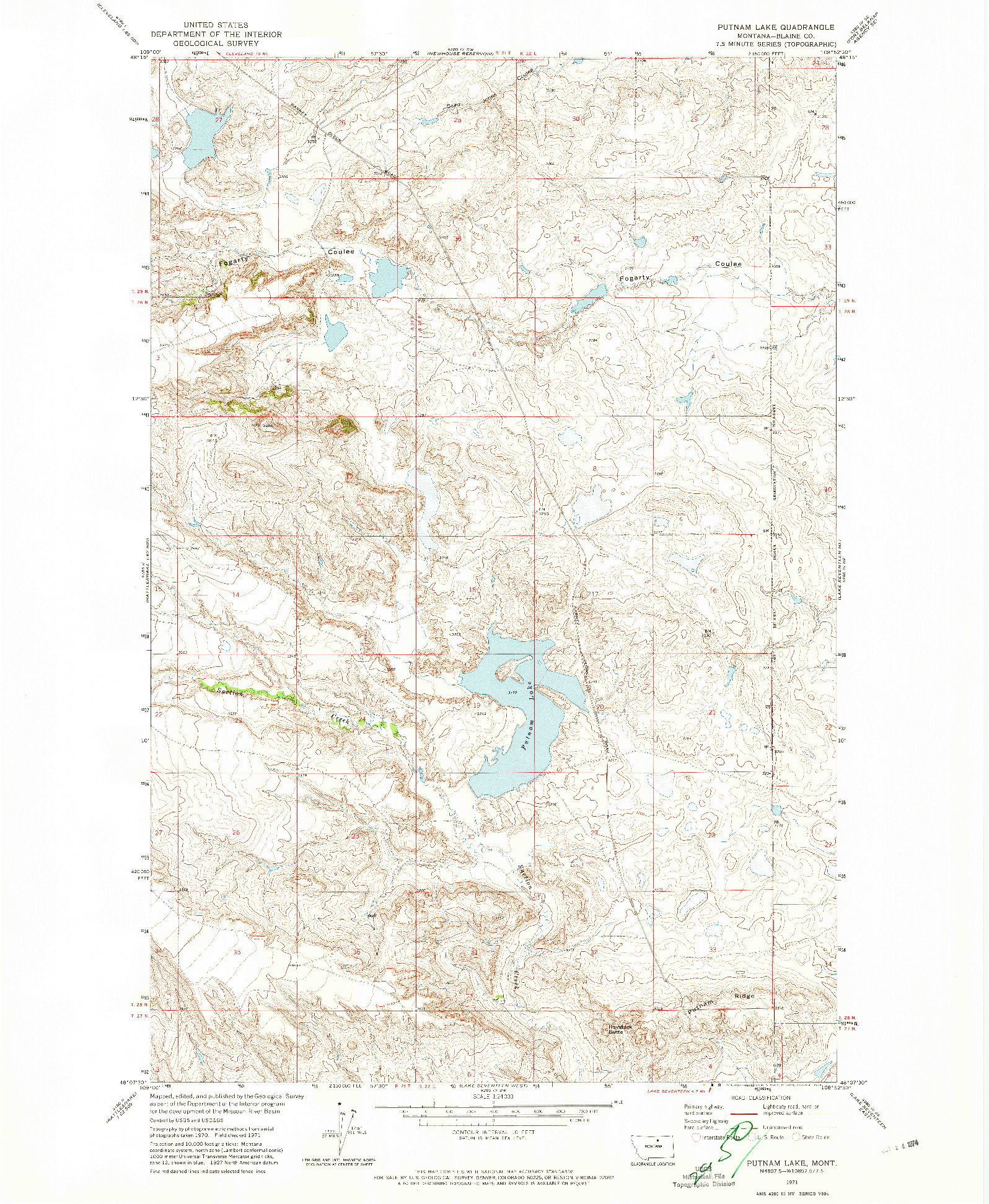USGS 1:24000-SCALE QUADRANGLE FOR PUTNAM LAKE, MT 1971