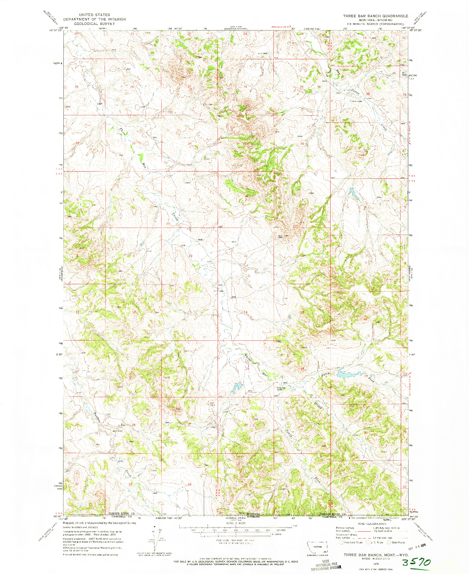 USGS 1:24000-SCALE QUADRANGLE FOR THREE BAR RANCH, MT 1970