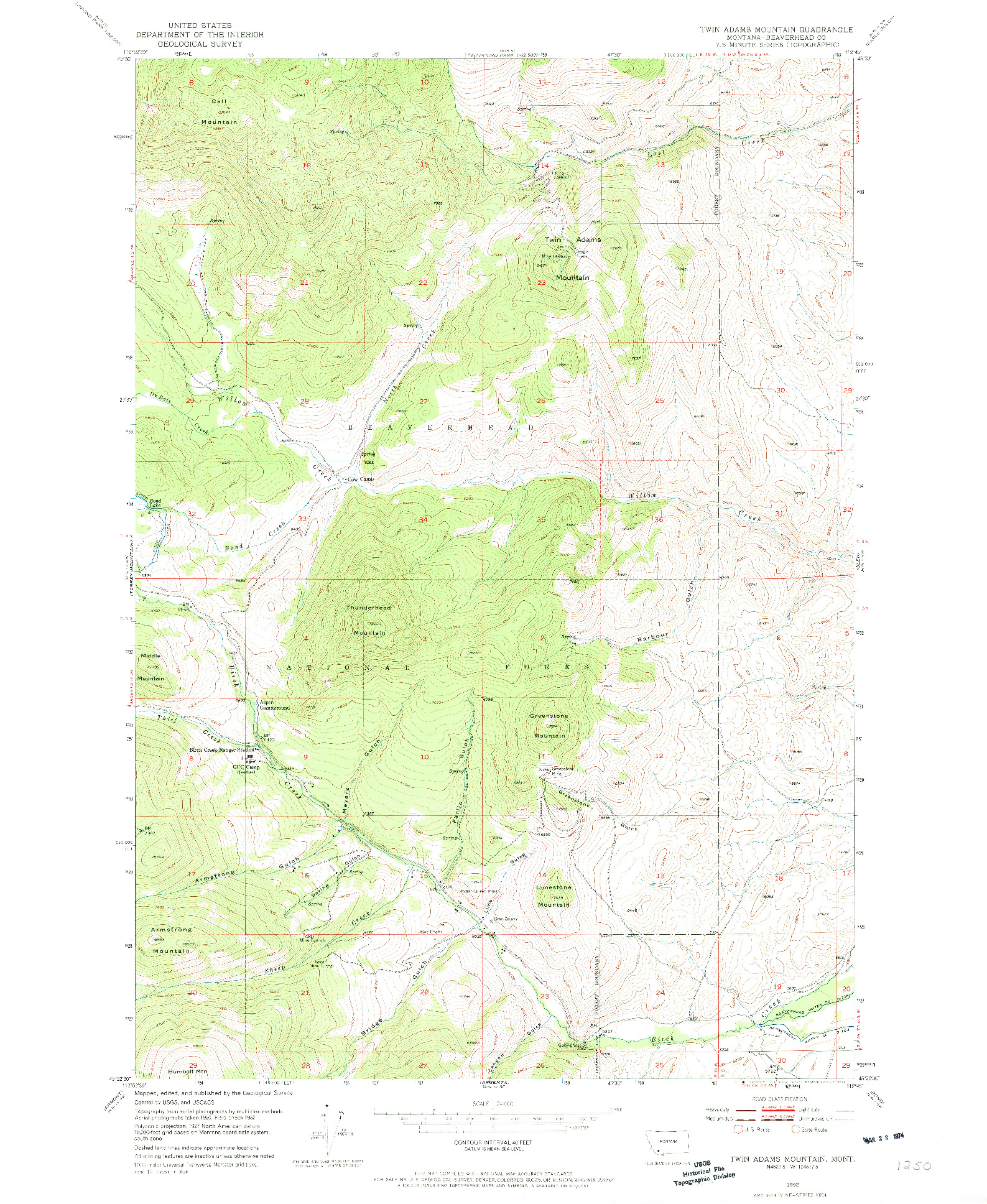 USGS 1:24000-SCALE QUADRANGLE FOR TWIN ADAMS MOUNTAIN, MT 1952