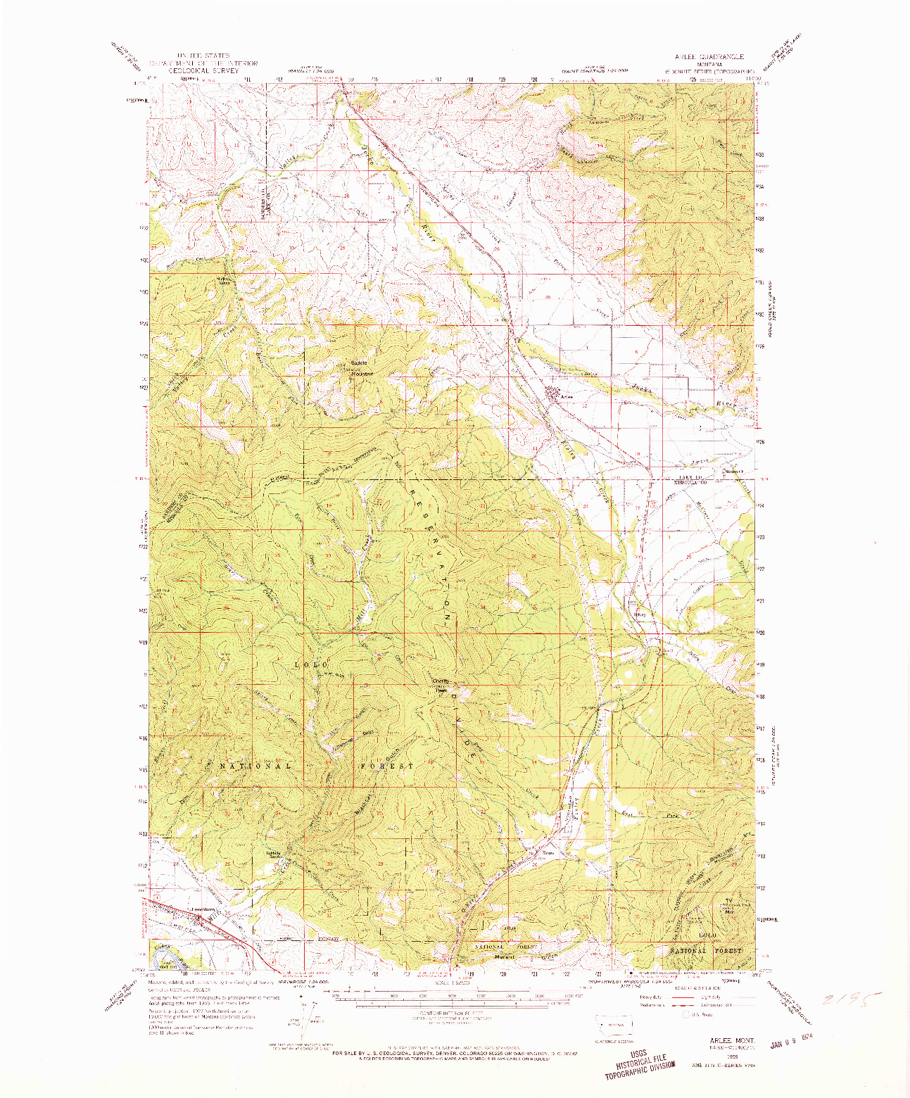 USGS 1:62500-SCALE QUADRANGLE FOR ARLEE, MT 1959