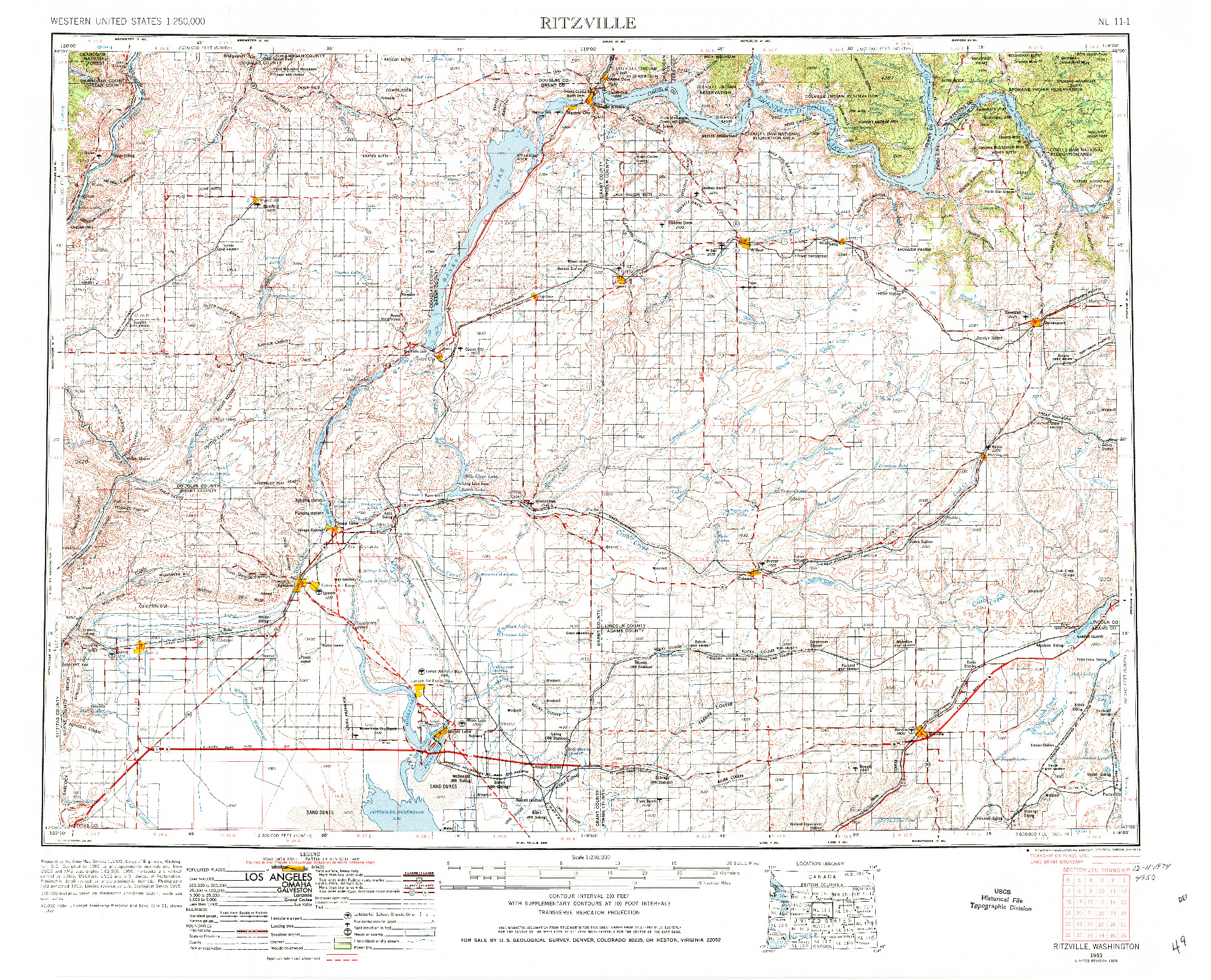 USGS 1:250000-SCALE QUADRANGLE FOR RITZVILLE, WA 1953