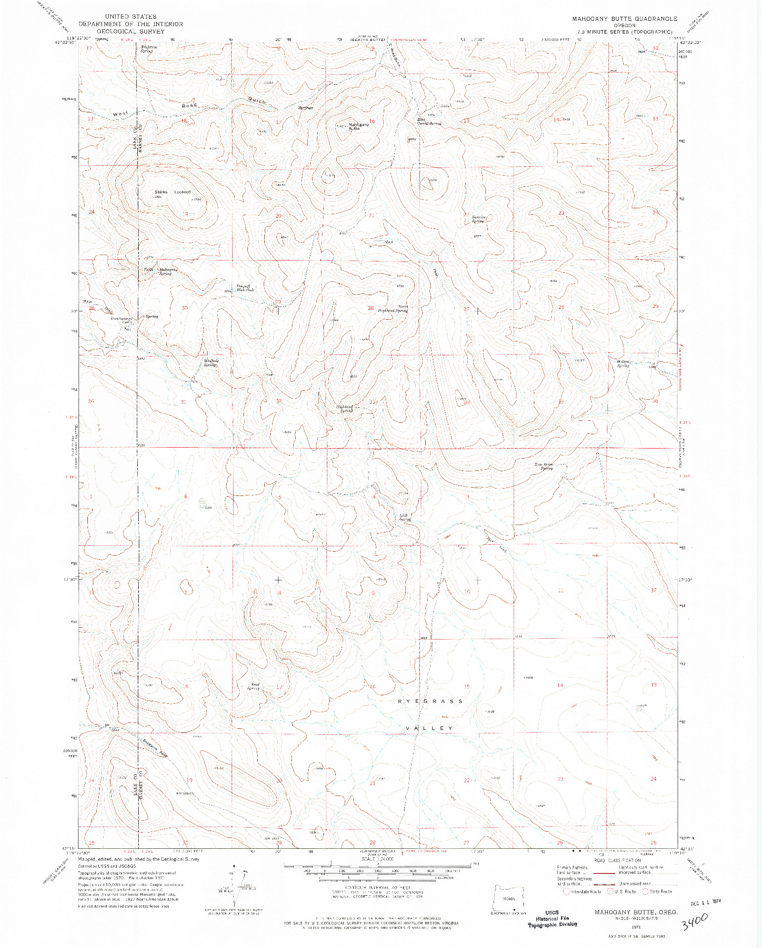 USGS 1:24000-SCALE QUADRANGLE FOR MAHOGANY BUTTE, OR 1971