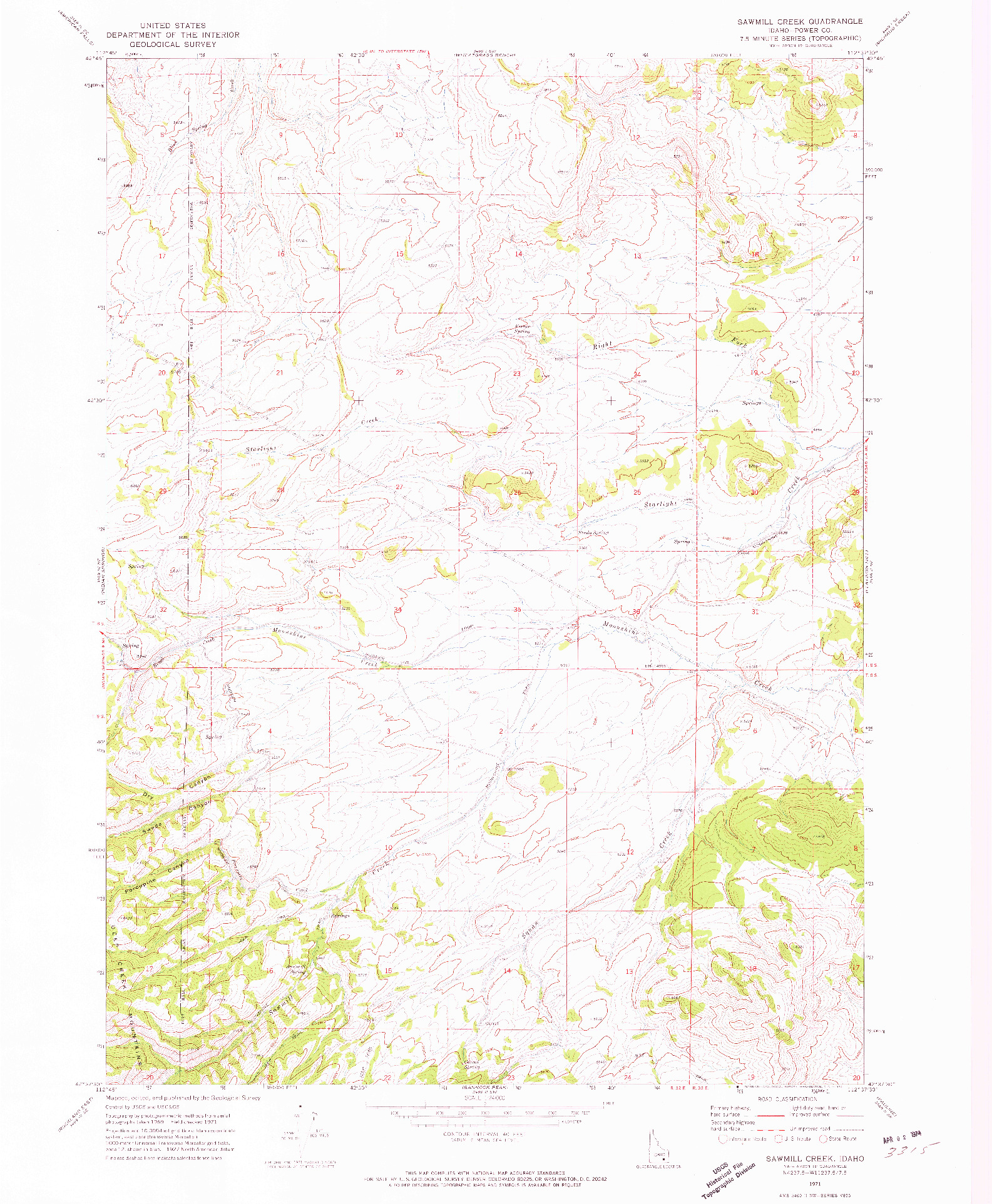 USGS 1:24000-SCALE QUADRANGLE FOR SAWMILL CREEK, ID 1971