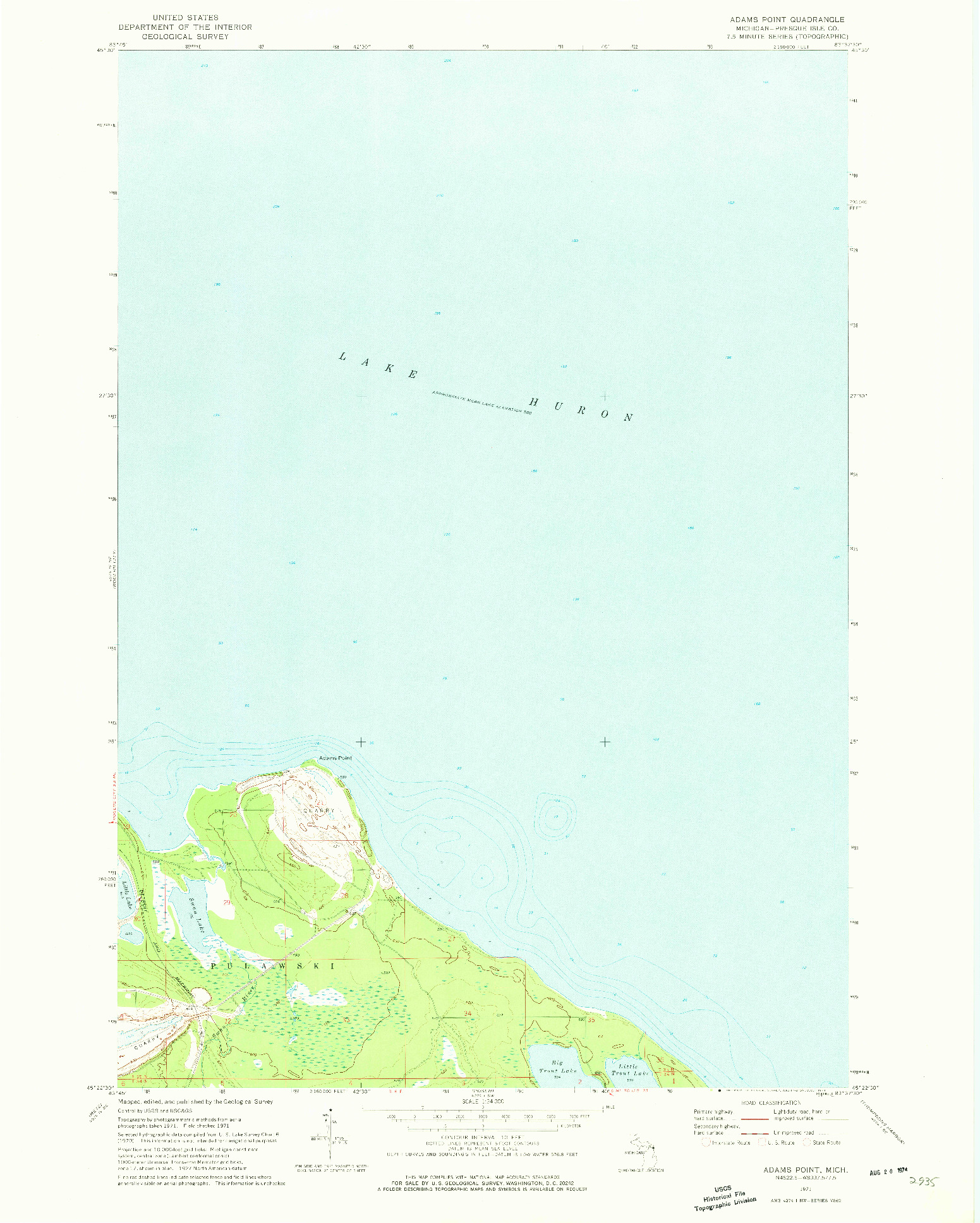 USGS 1:24000-SCALE QUADRANGLE FOR ADAMS POINT, MI 1971