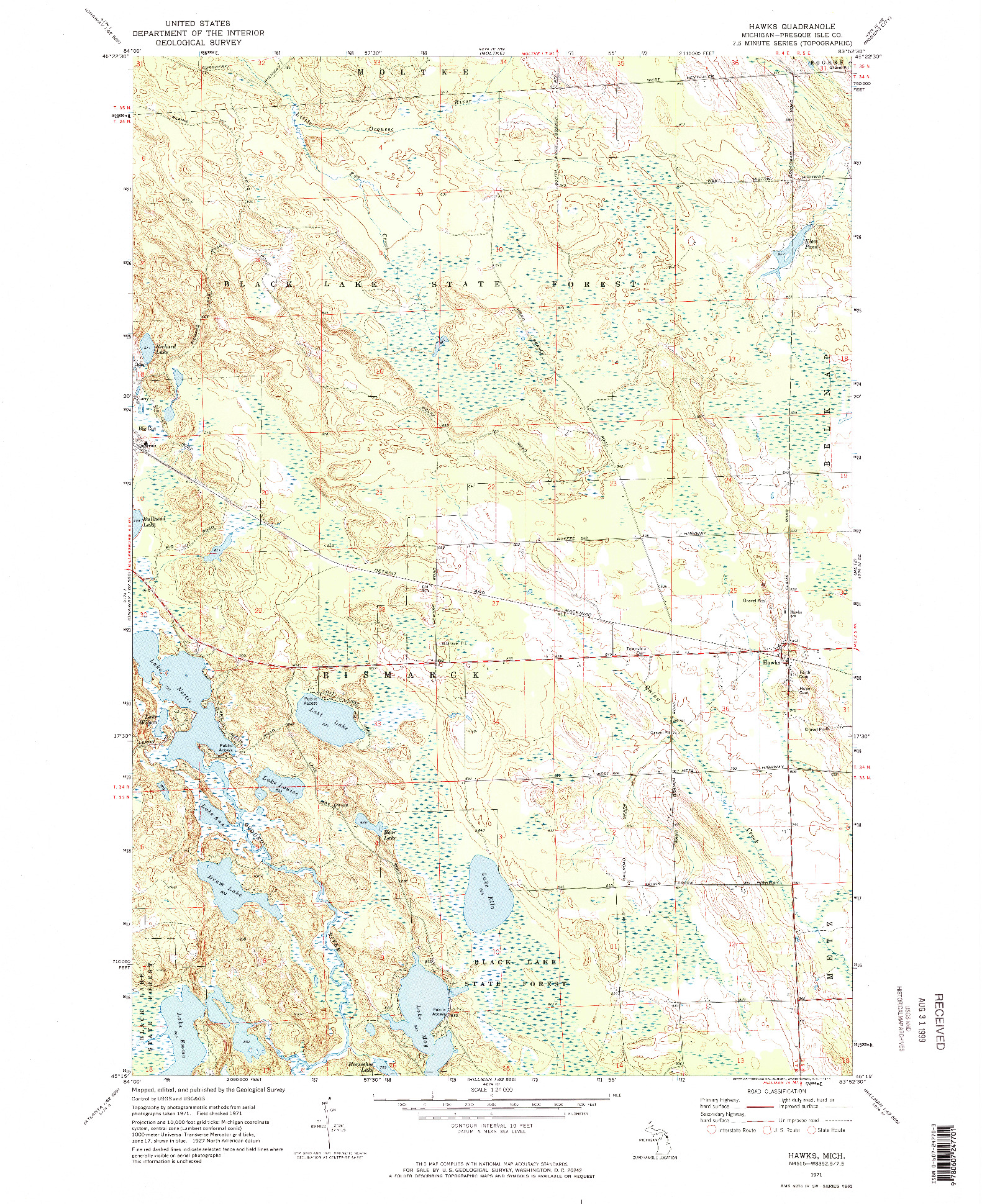 USGS 1:24000-SCALE QUADRANGLE FOR HAWKS, MI 1971