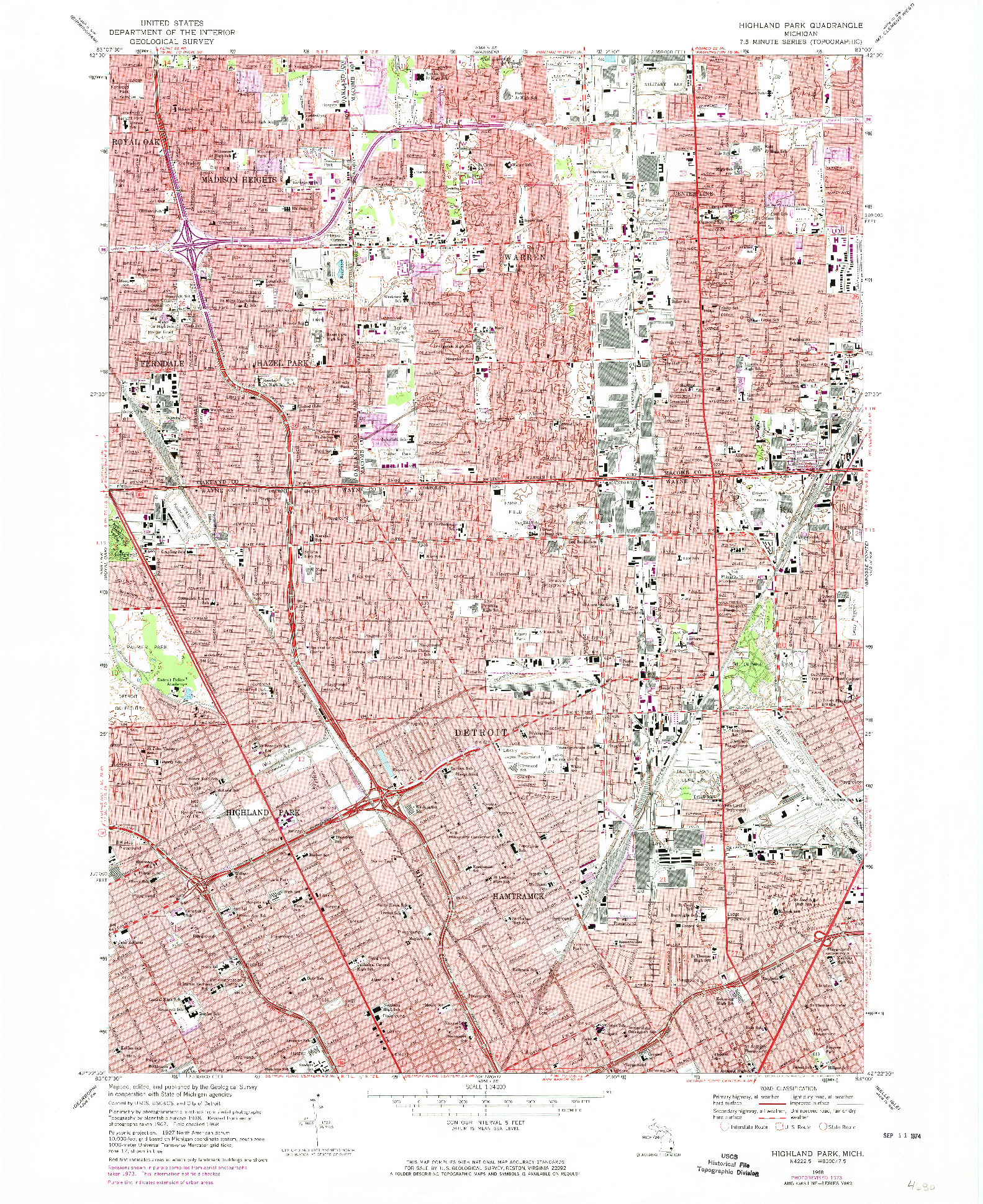 USGS 1:24000-SCALE QUADRANGLE FOR HIGHLAND PARK, MI 1968