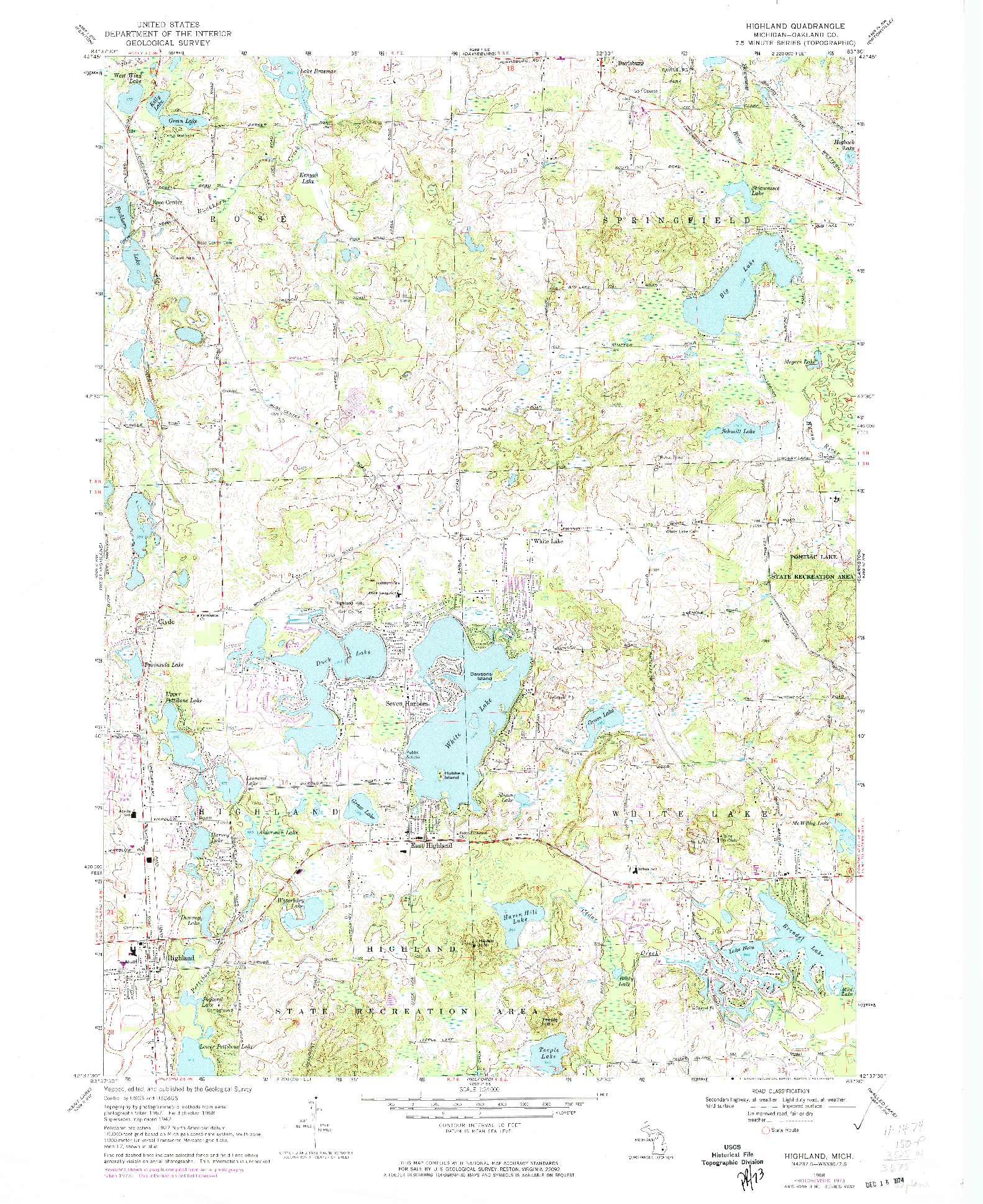 USGS 1:24000-SCALE QUADRANGLE FOR HIGHLAND, MI 1968