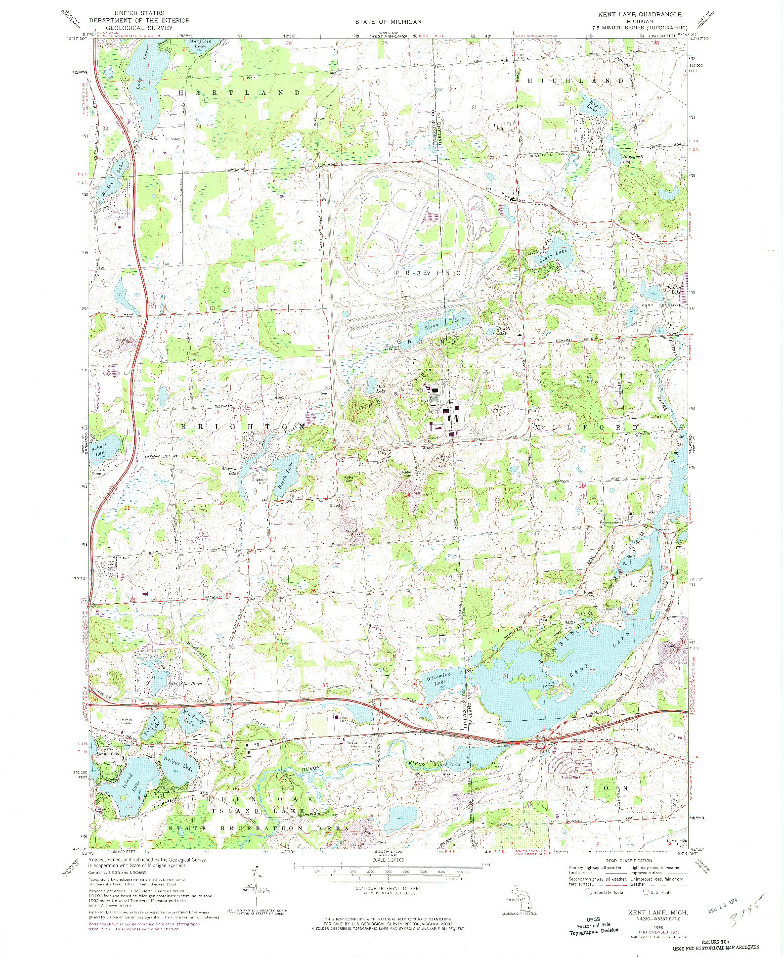 USGS 1:24000-SCALE QUADRANGLE FOR KENT LAKE, MI 1968