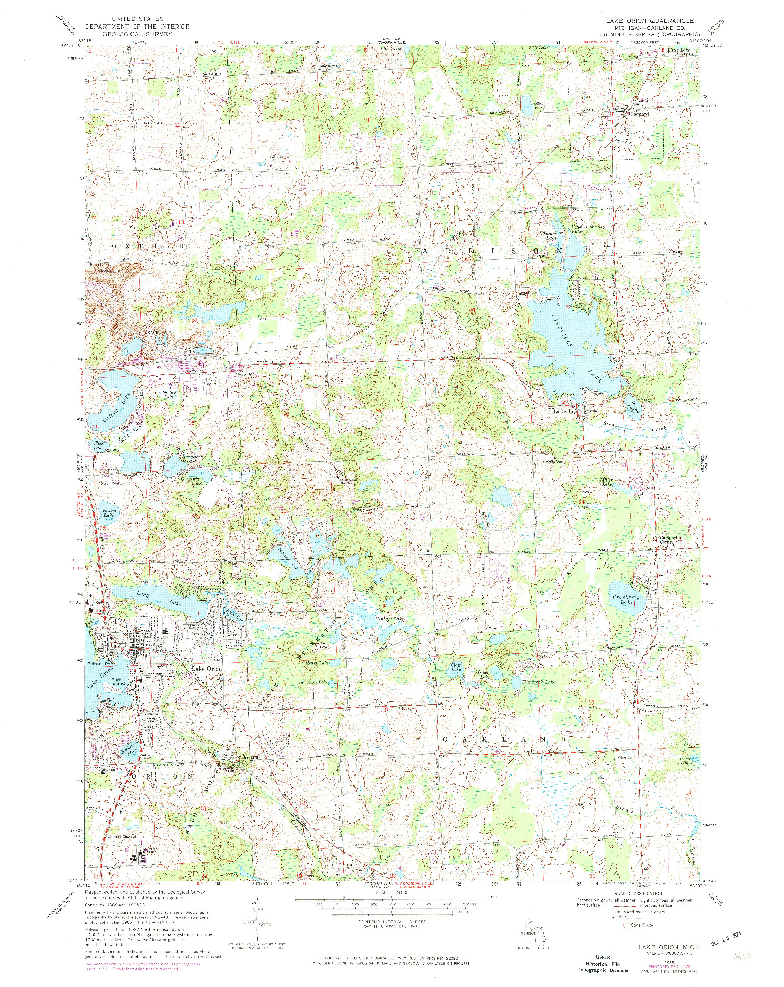USGS 1:24000-SCALE QUADRANGLE FOR LAKE ORION, MI 1968