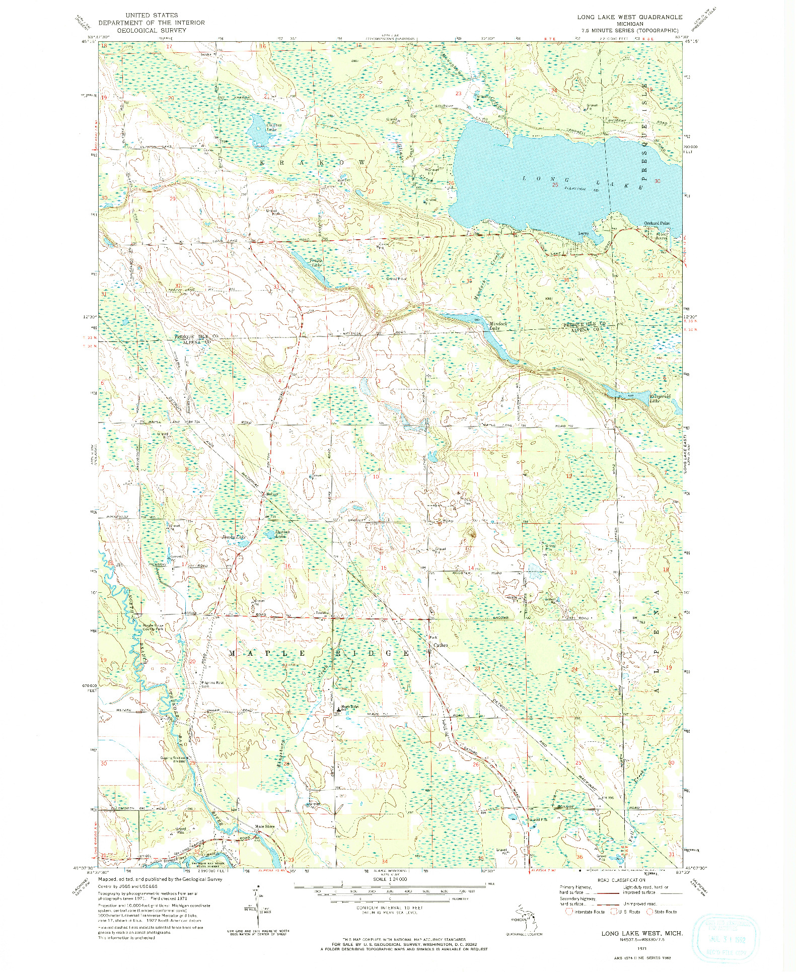 USGS 1:24000-SCALE QUADRANGLE FOR LONG LAKE WEST, MI 1971