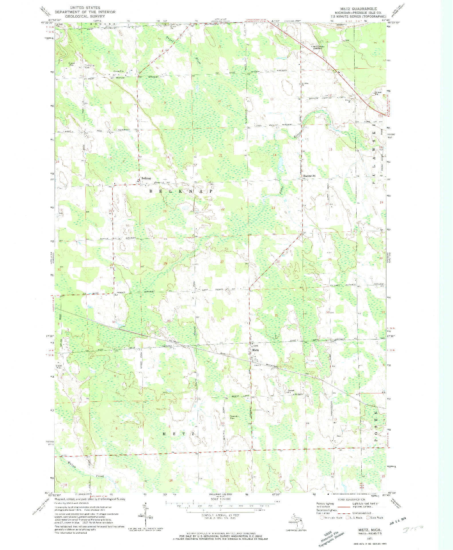 USGS 1:24000-SCALE QUADRANGLE FOR METZ, MI 1971