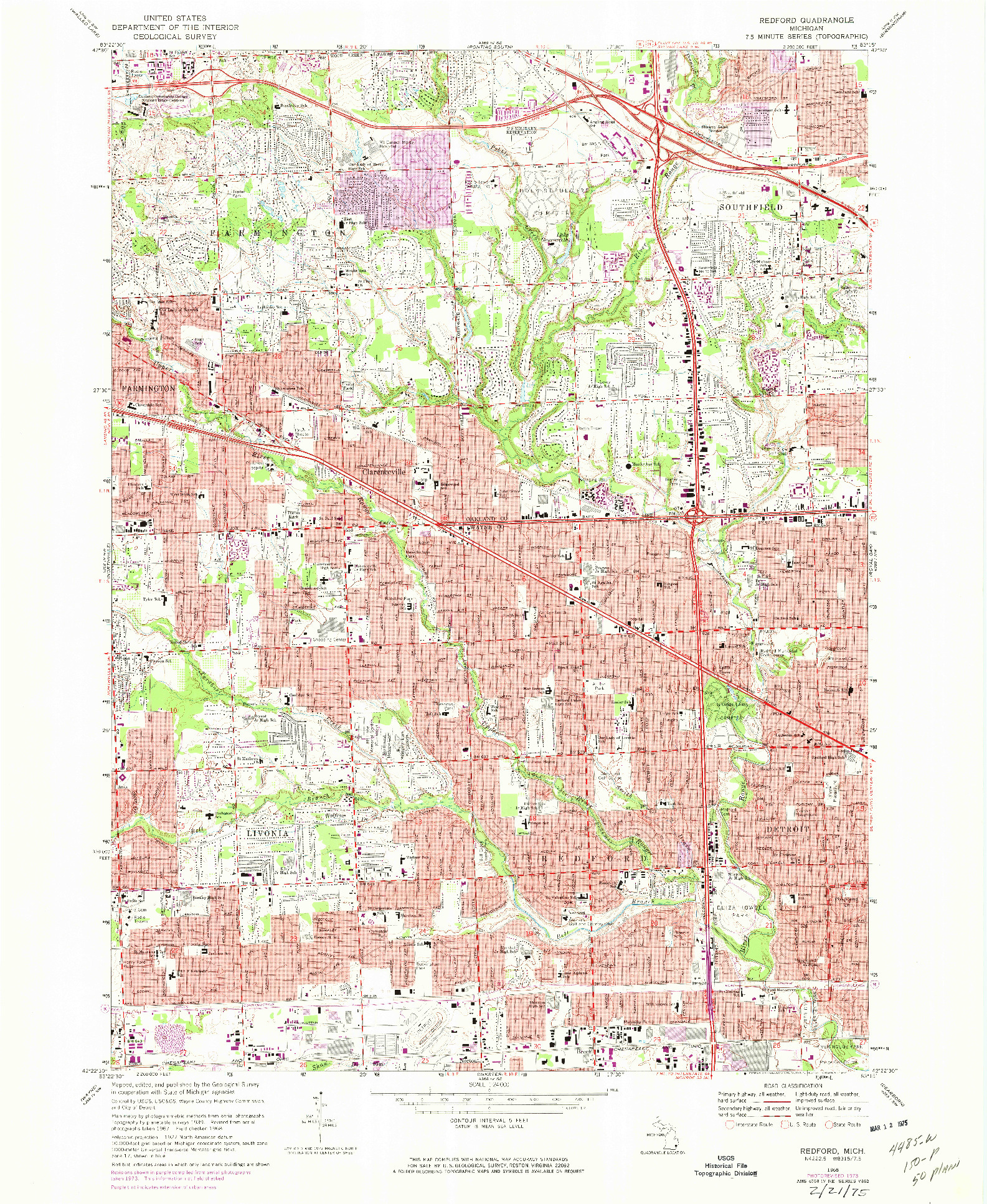 USGS 1:24000-SCALE QUADRANGLE FOR REDFORD, MI 1968