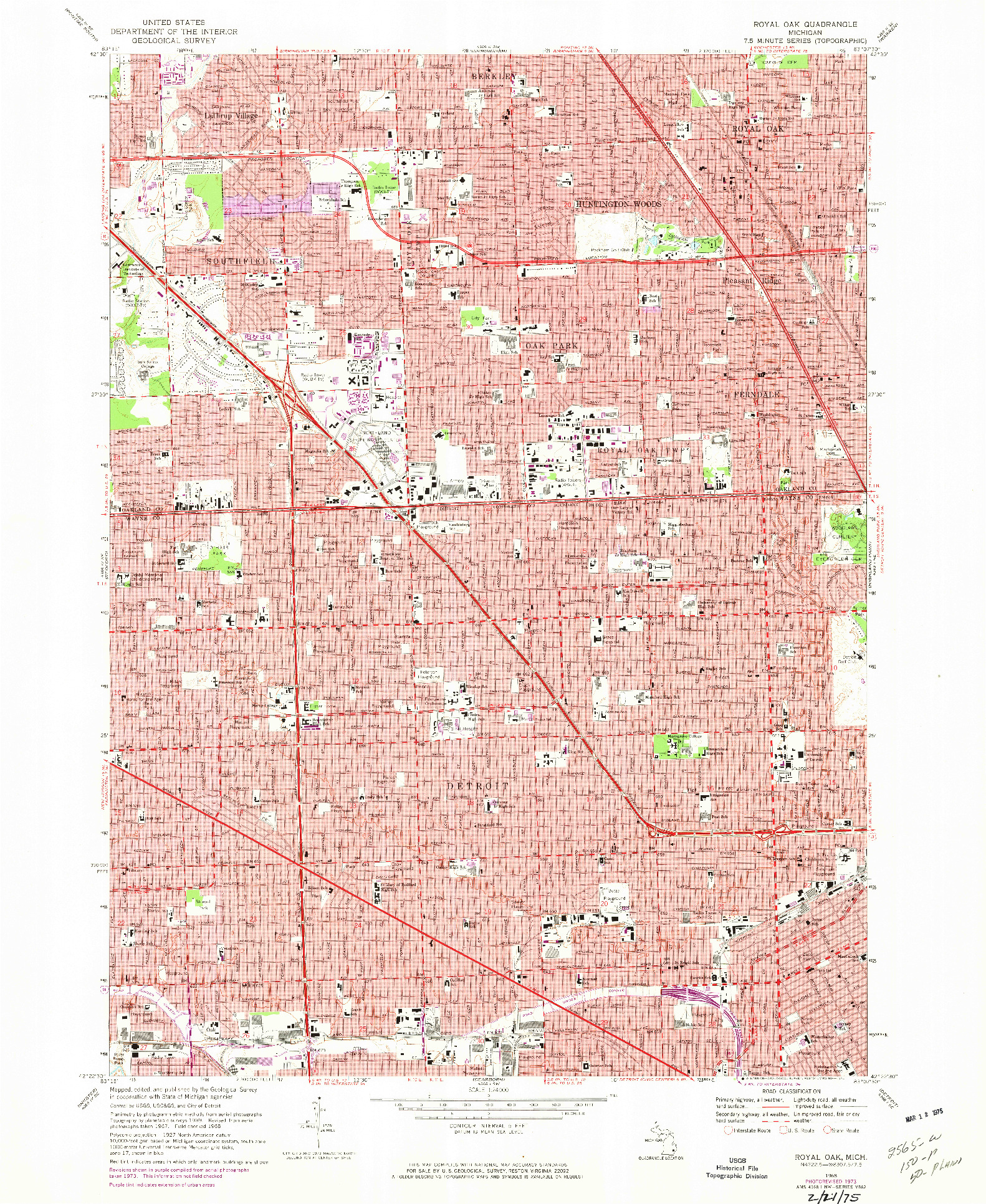 USGS 1:24000-SCALE QUADRANGLE FOR ROYAL OAK, MI 1968