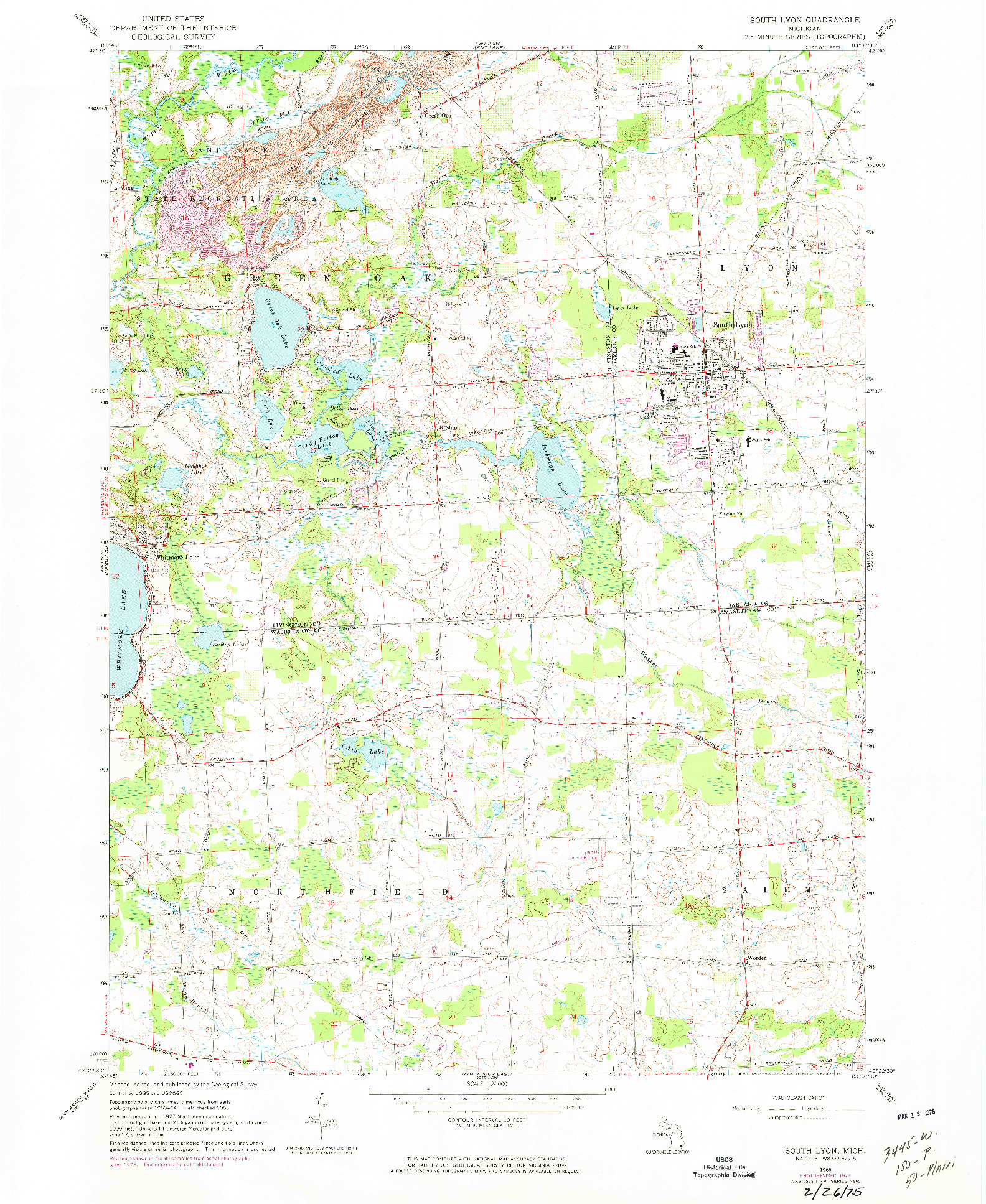 USGS 1:24000-SCALE QUADRANGLE FOR SOUTH LYON, MI 1965