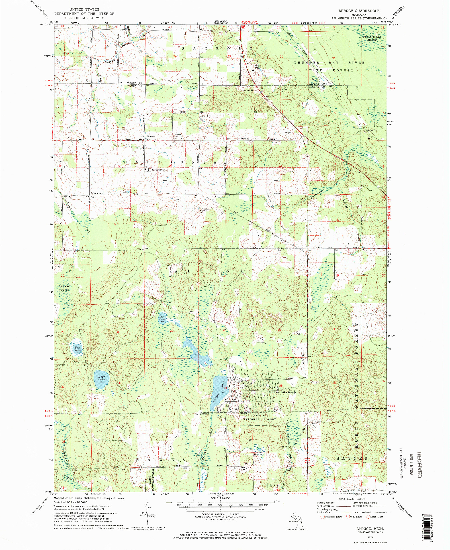 USGS 1:24000-SCALE QUADRANGLE FOR SPRUCE, MI 1971