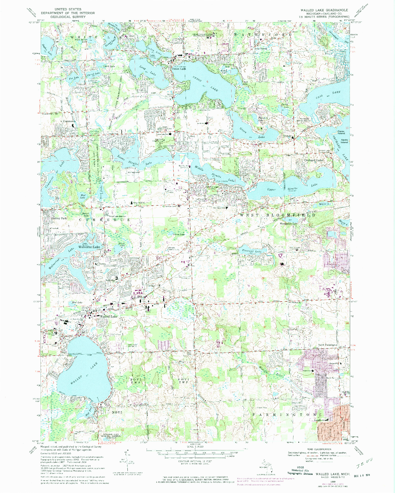 USGS 1:24000-SCALE QUADRANGLE FOR WALLED LAKE, MI 1969